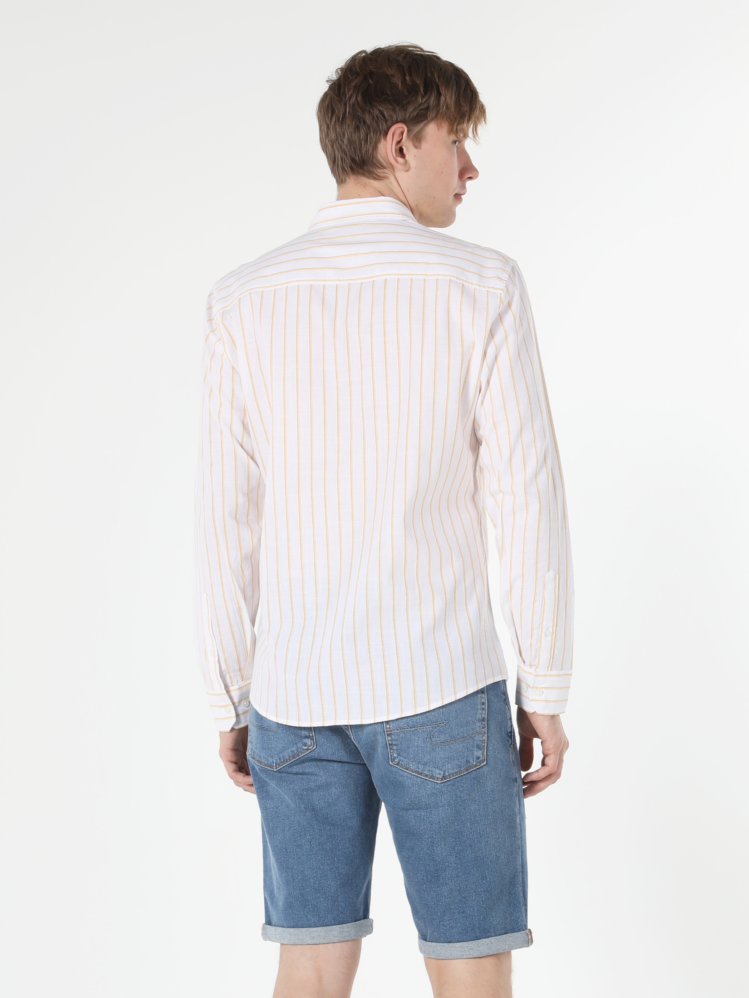 Slim Fit Shirt Neck Çizgili Sarı Erkek Uzun Kol Gömlek Cl1053806