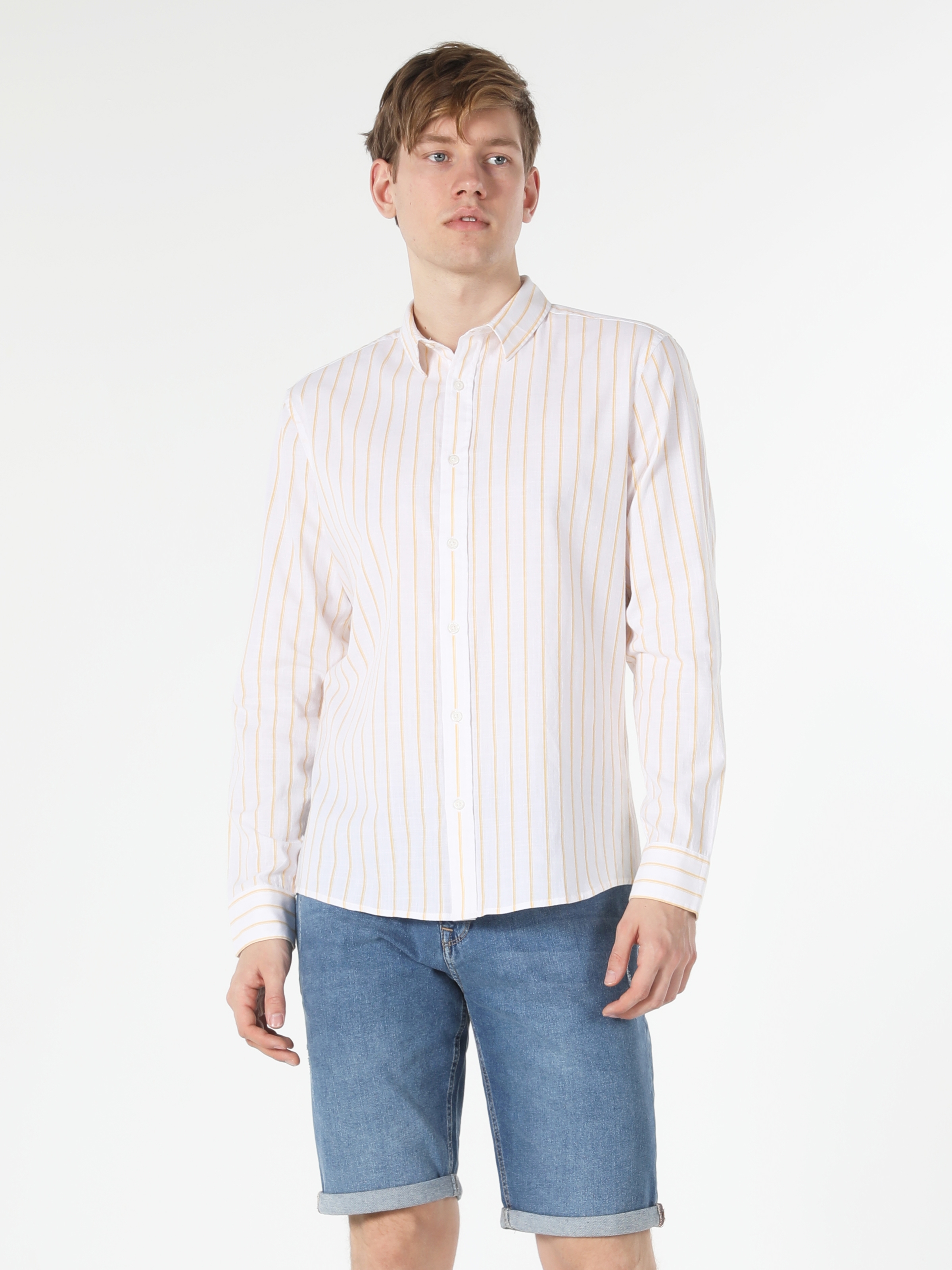 Slim Fit Shirt Neck Çizgili Sarı Erkek Uzun Kol Gömlek Cl1053806