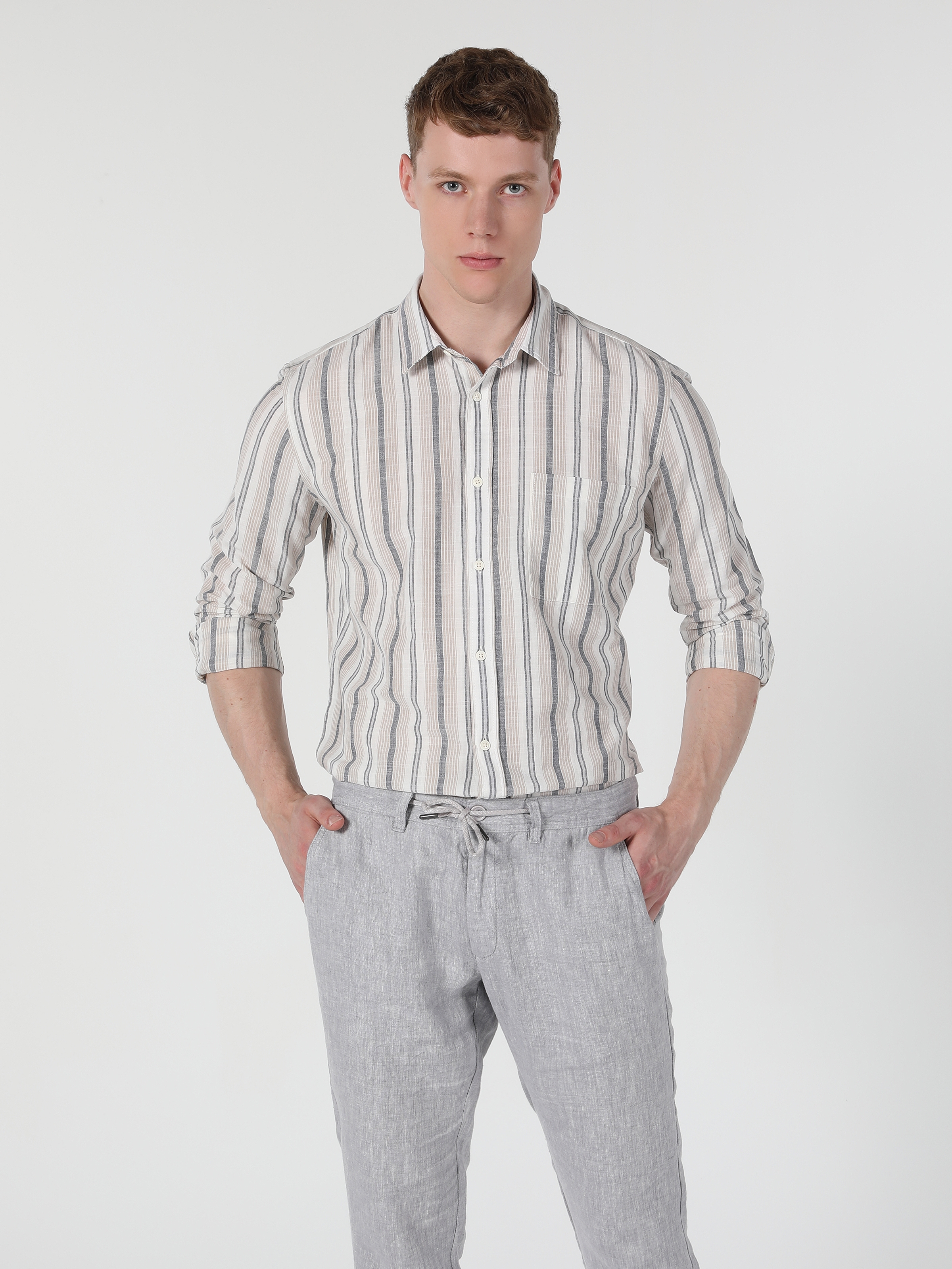 Slim Fit Shirt Neck Çizgili Sarı Erkek Uzun Kol Gömlek Cl1059550