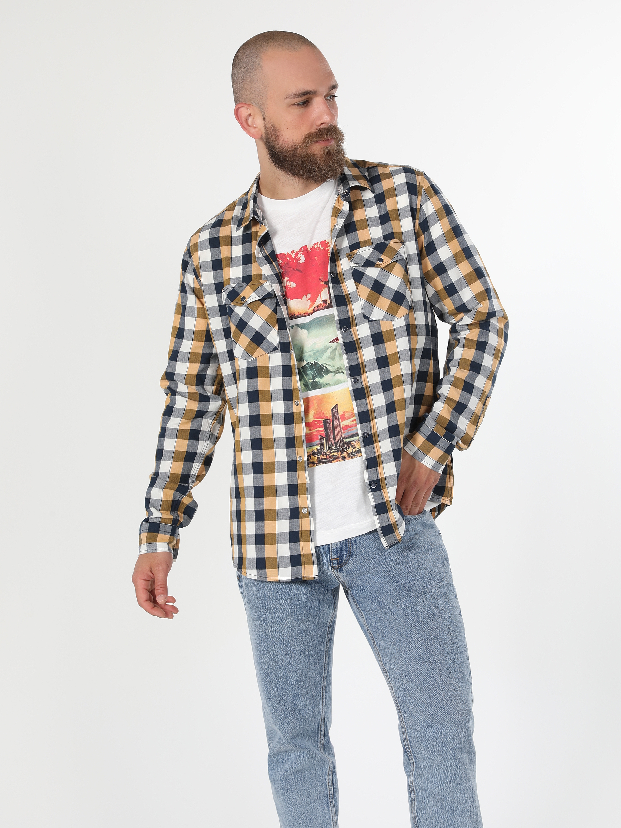 Slim Fit Shirt Neck Kareli Sarı Erkek Uzun Kol Gömlek Cl1057639