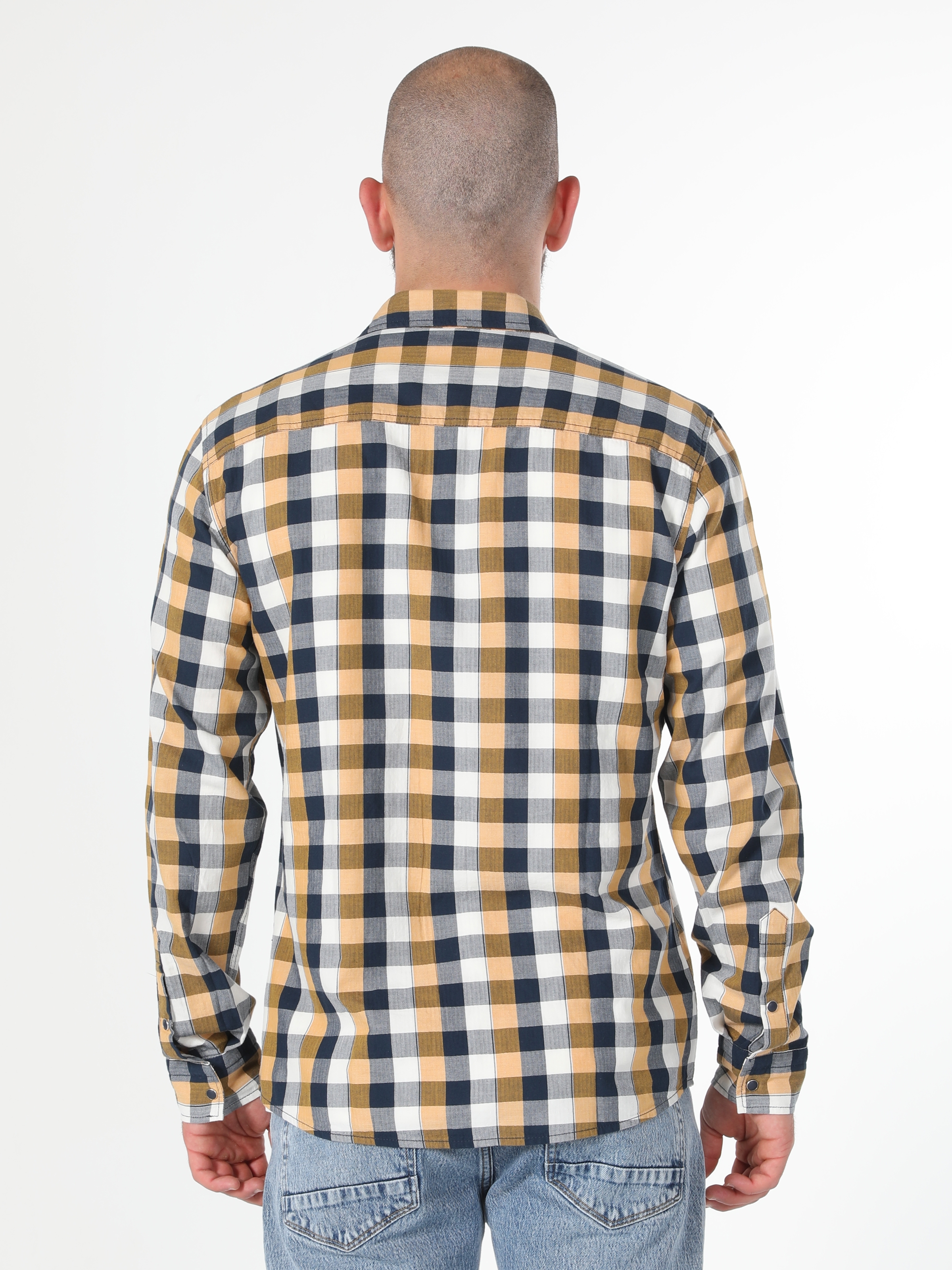 Slim Fit Shirt Neck Kareli Sarı Erkek Uzun Kol Gömlek Cl1057639