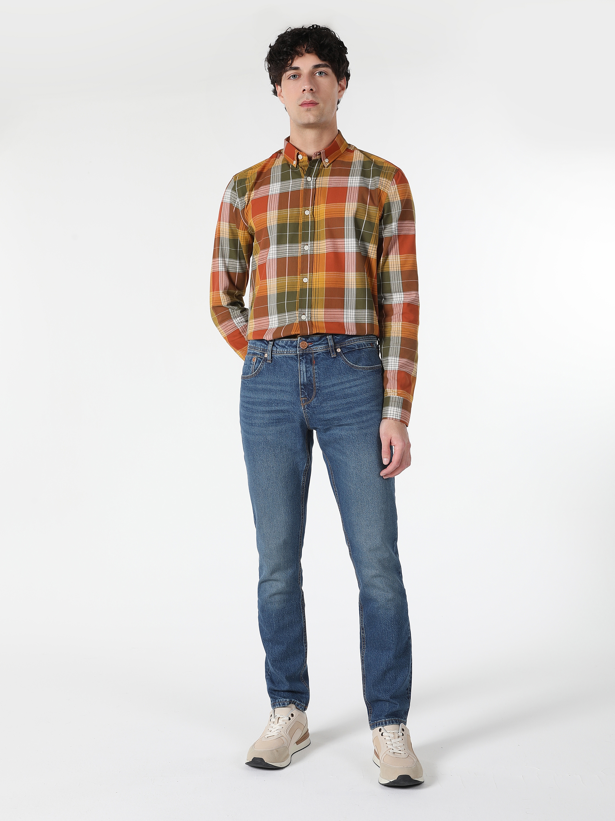 Slim Fit Kareli Sarı Erkek Uzun Kol Gömlek Cl1061017
