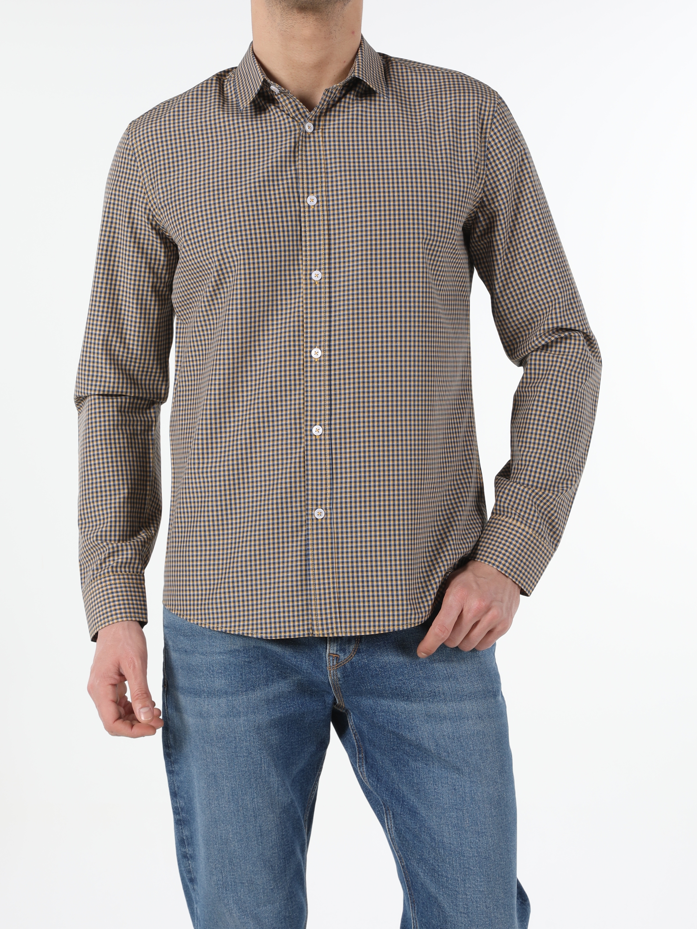 Regular Fit Shirt Neck  Erkek Sari Uzun Kol Gömlek Cl1052930