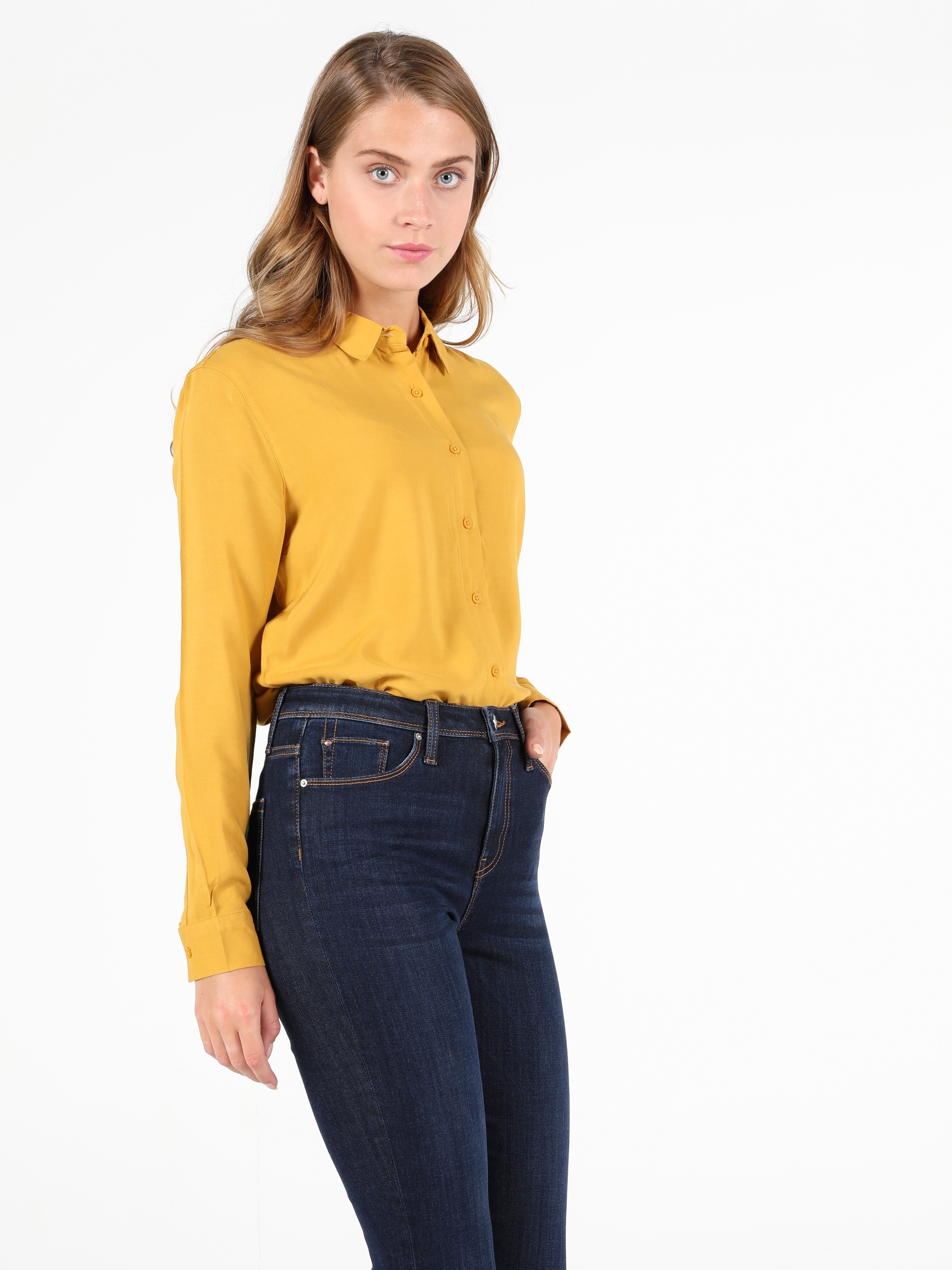 Basic Regular Fit Kadın Sarı Uzun Kol Gömlek