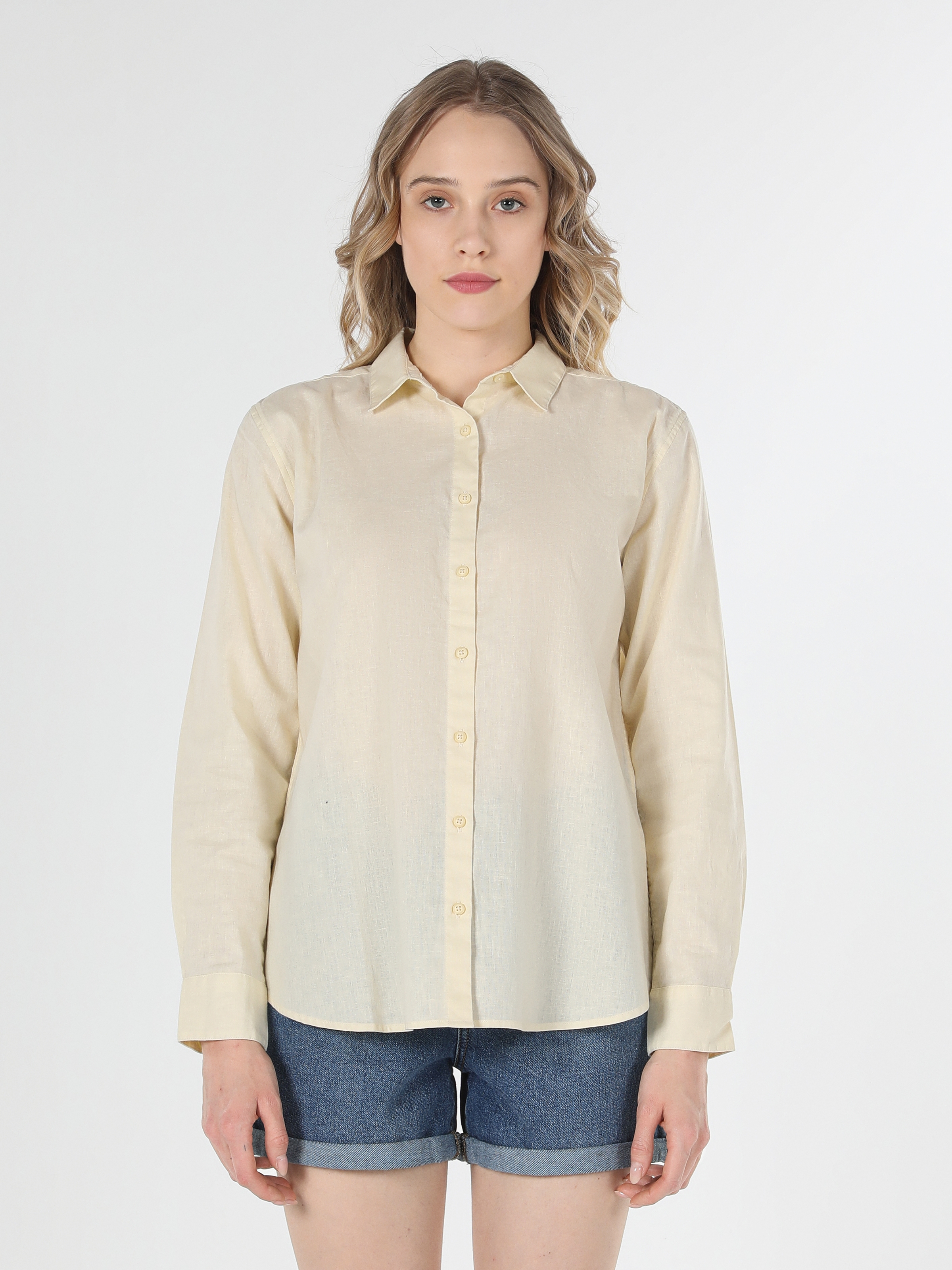 Regular Fit Shirt Neck Sarı Kadın Uzun Kol Gömlek Cl1058517