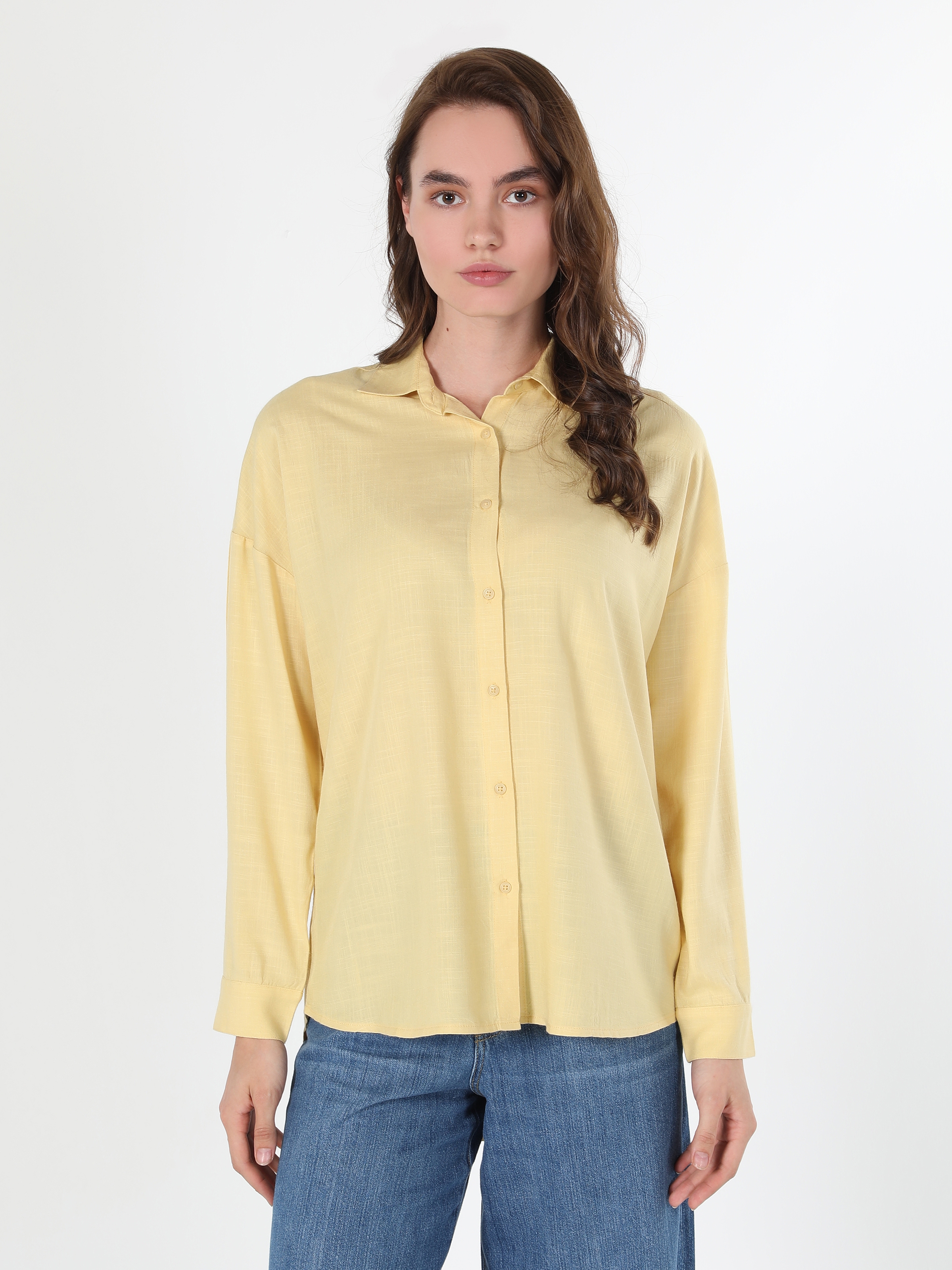 Relaxed Fit Shirt Neck Sarı Kadın Uzun Kol Gömlek Cl1053418