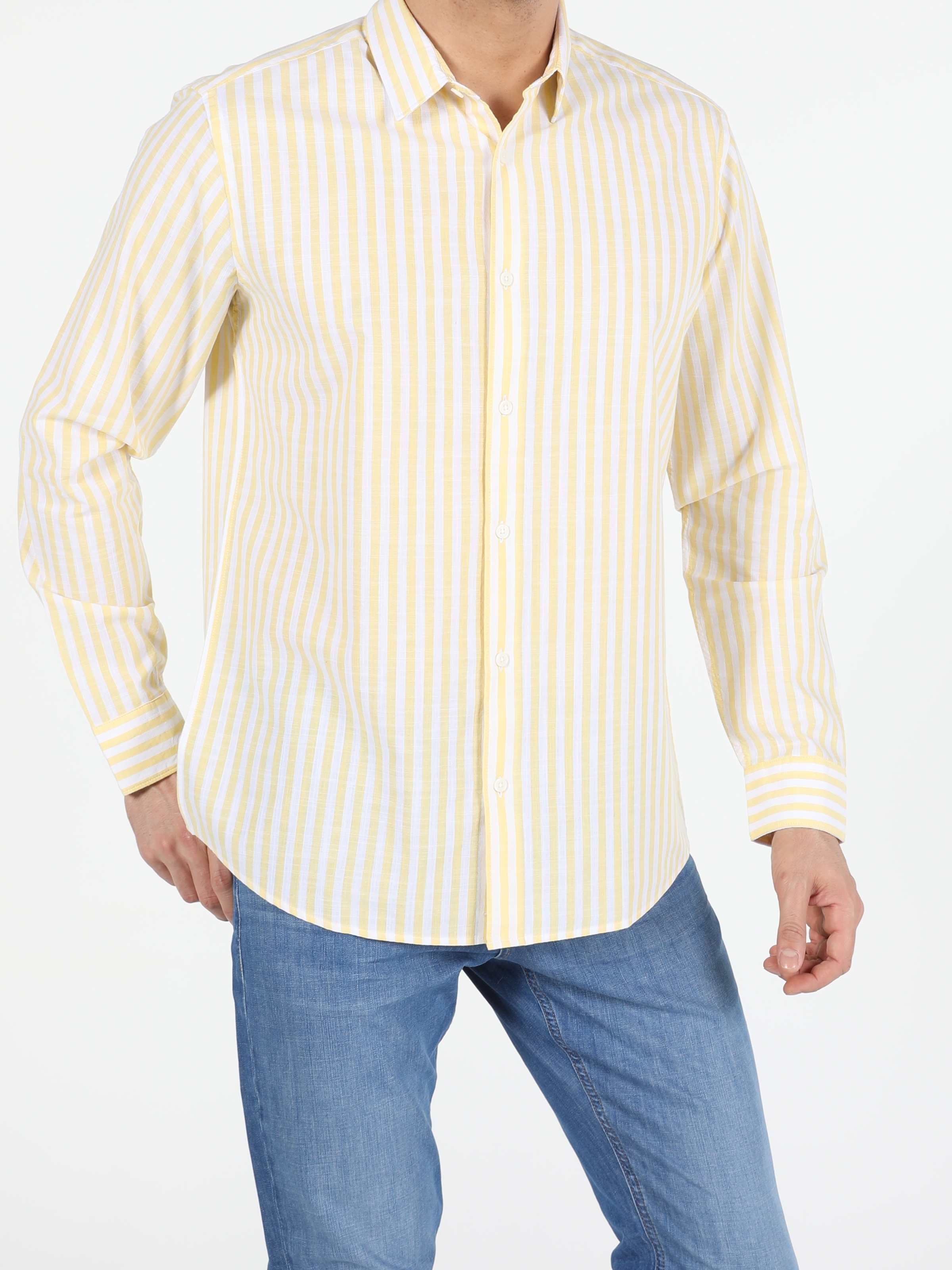 Colins Sarı Regular Fit Shirt Neck Sarı Erkek Uzun Kol Gömlek. 3