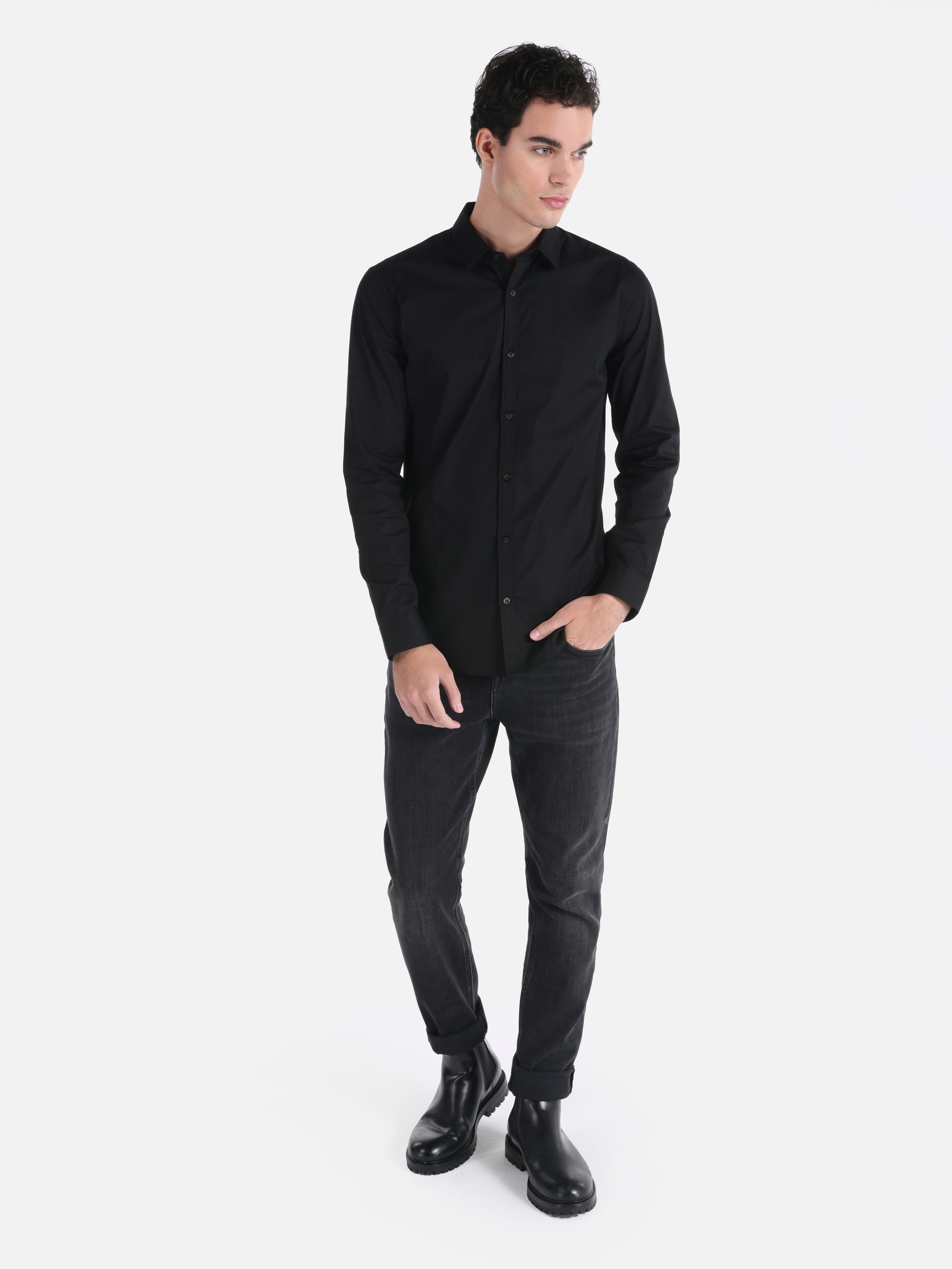 Super Slim Fit Shirt Neck Erkek Siyah Uzun Kol Gömlek Cl1041350