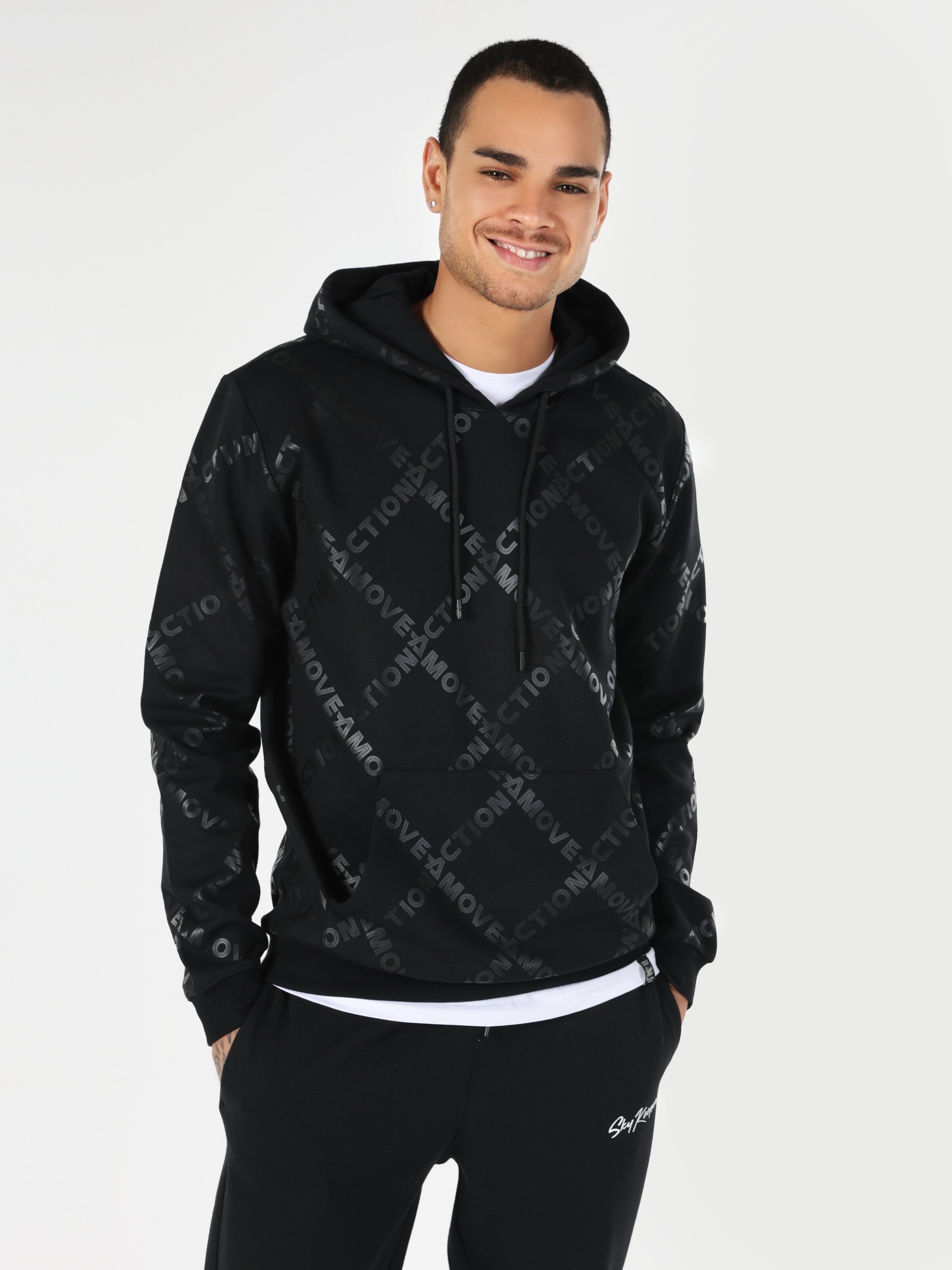 Regular Fit Desenli Kapüşonlu Siyah Erkek Sweatshirt Cl1061701