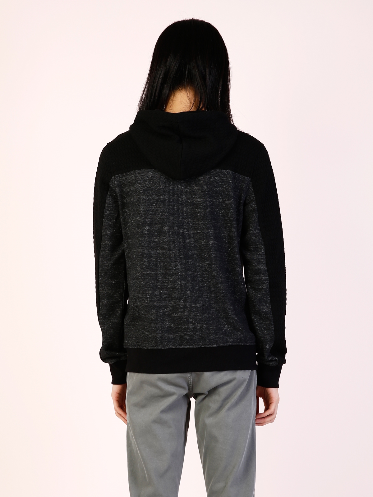 Siyah İp Detaylı Kapüşonlıu Uzun Kol Sweatshirt