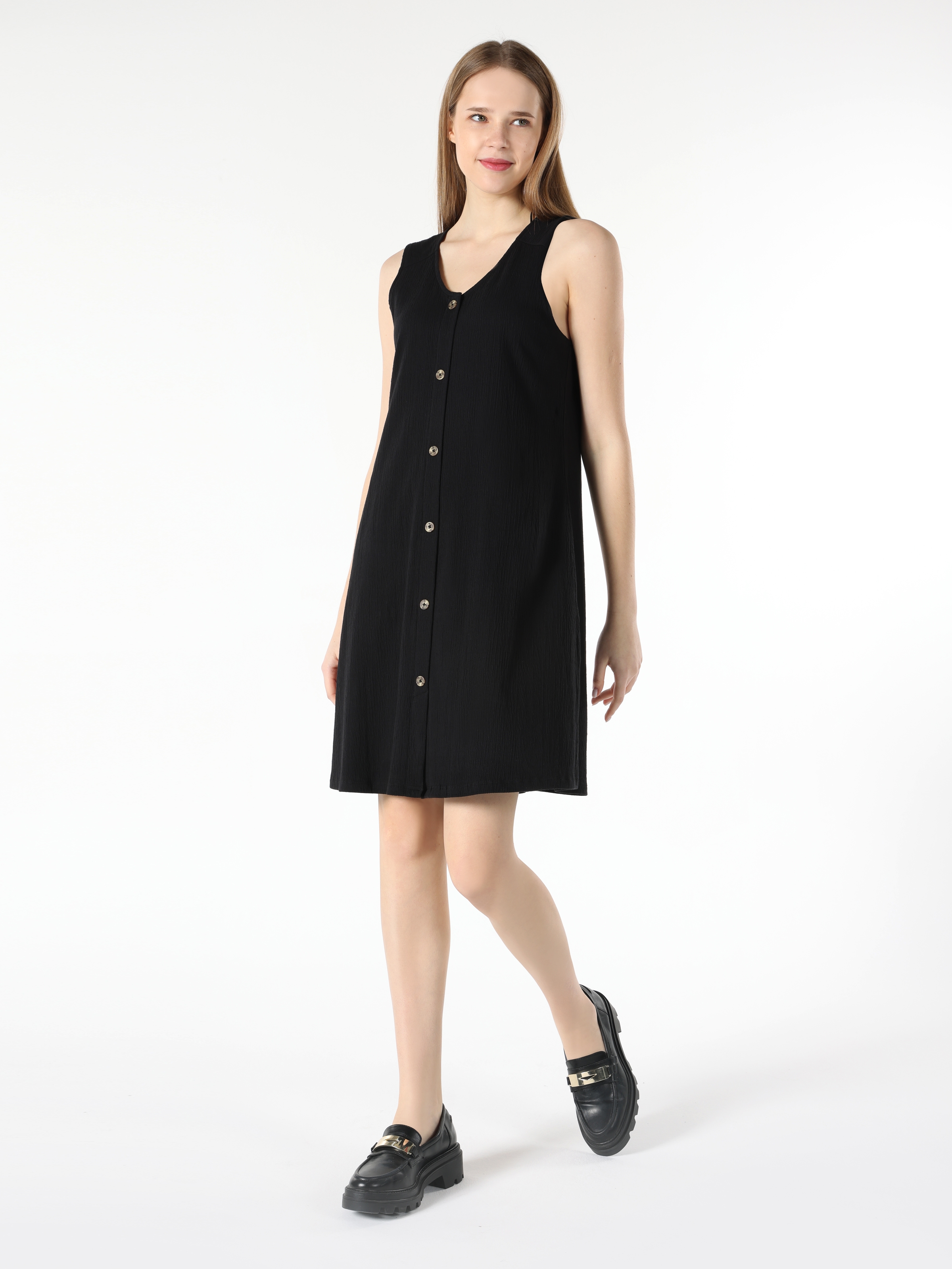 Regular Fit Düğmeli Siyah Kadın Elbise Cl1063788
