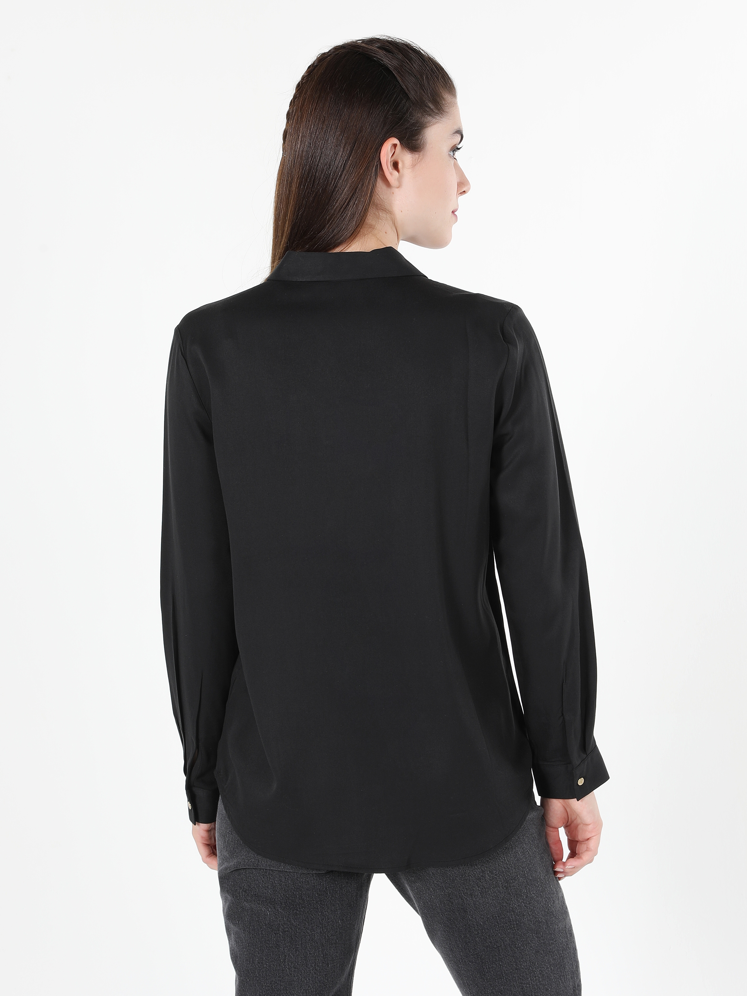 Regular Fit Baskılı Siyah Kadın Uzun Kol Gömlek Cl1060145