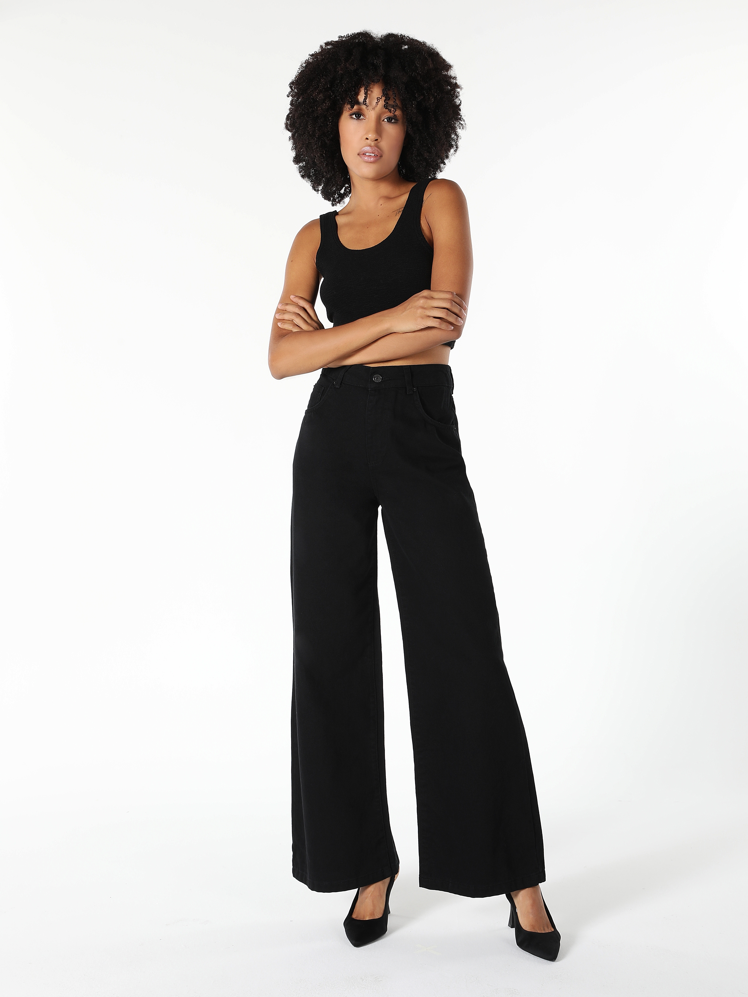 Yüksek Bel Normal Kesim Geniş Paça Siyah Kadın Pantolon Cl1060327