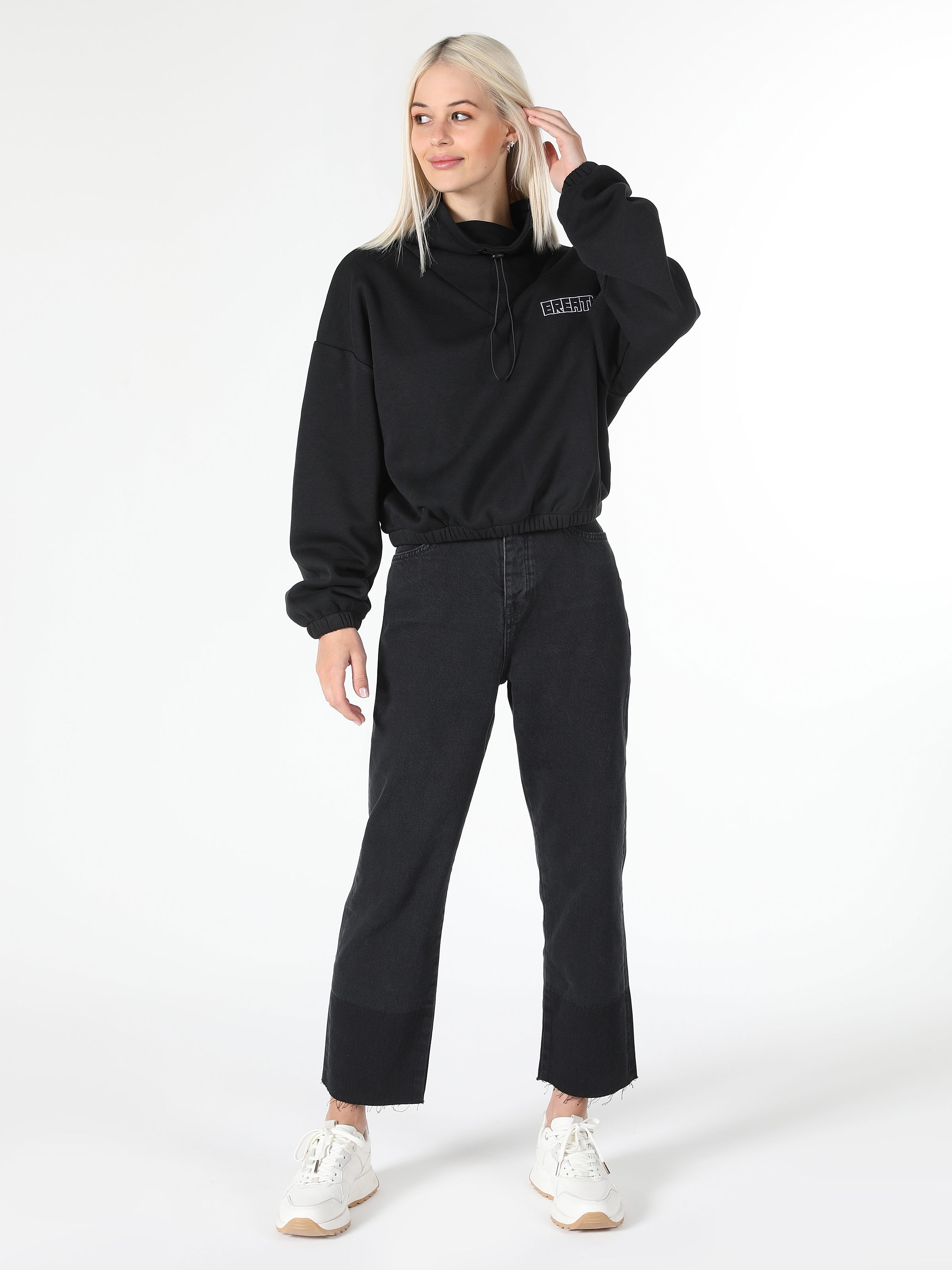 Regular Fit Baskılı Siyah Kadın Sweatshirt Cl1061939