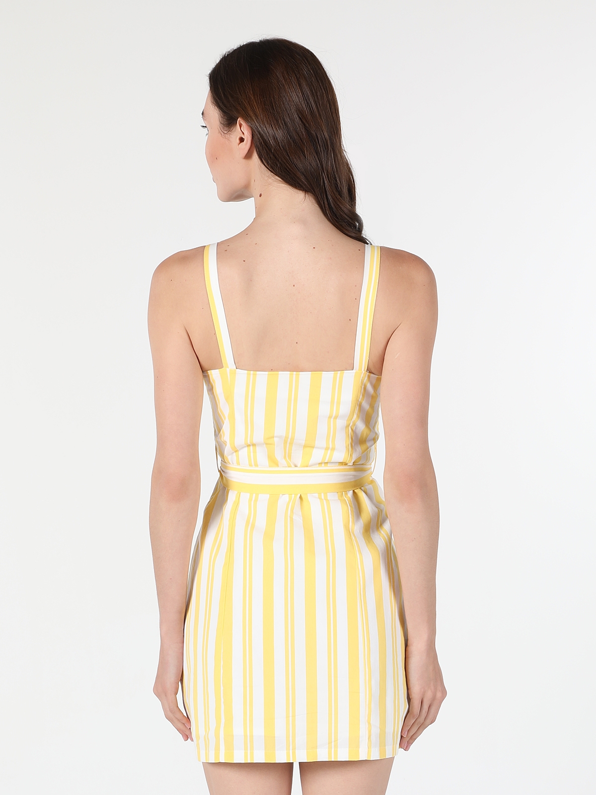 Slim Fit Çizgili Belden Bağlamalı Sarı Kadın Elbise Cl1054174
