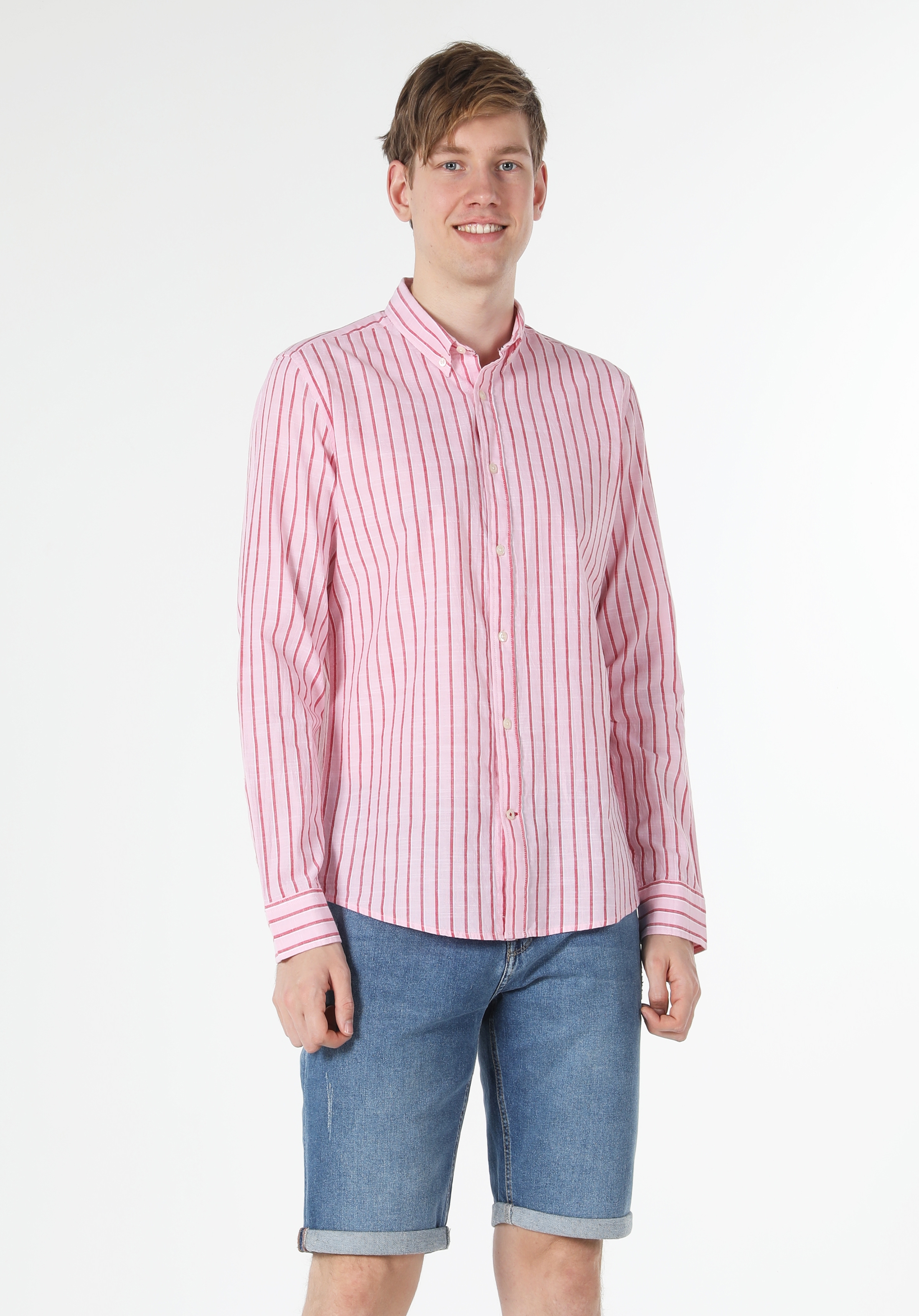 Slim Fit Shirt Neck  Erkek Pembe Uzun Kol Gömlek Cl1057795