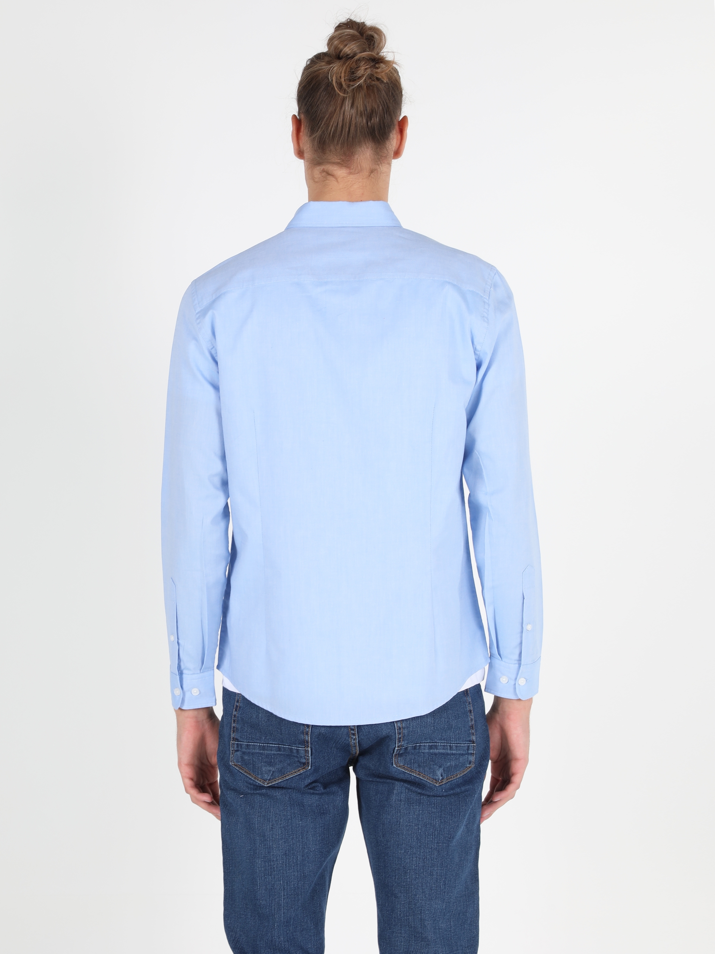  Slim Fit Shirt Neck Erkek Mavi Uzun Kol Gömlek