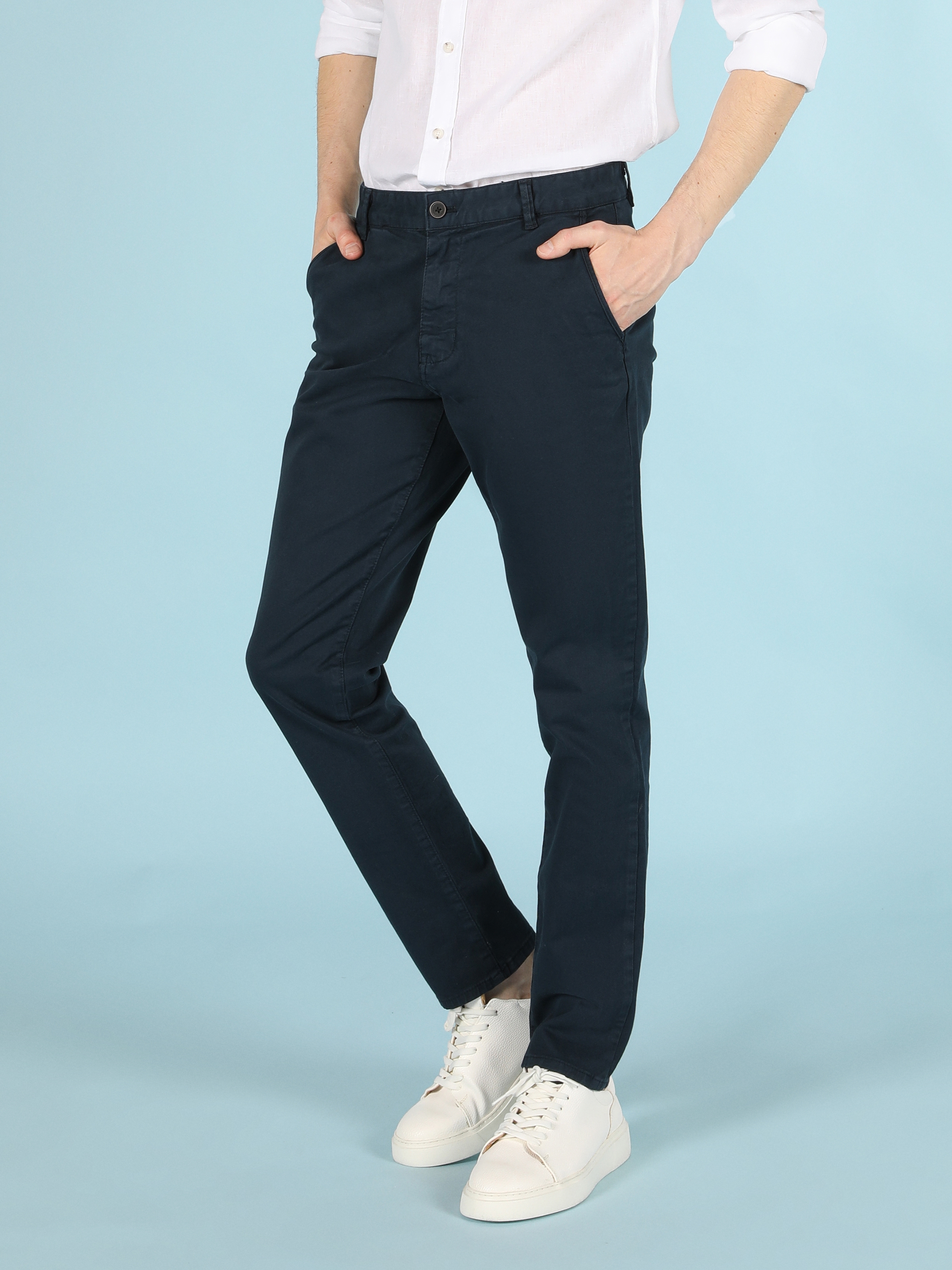 Slim Fit Orta Bel Düz Paça Erkek Açık Mavi Pantolon
