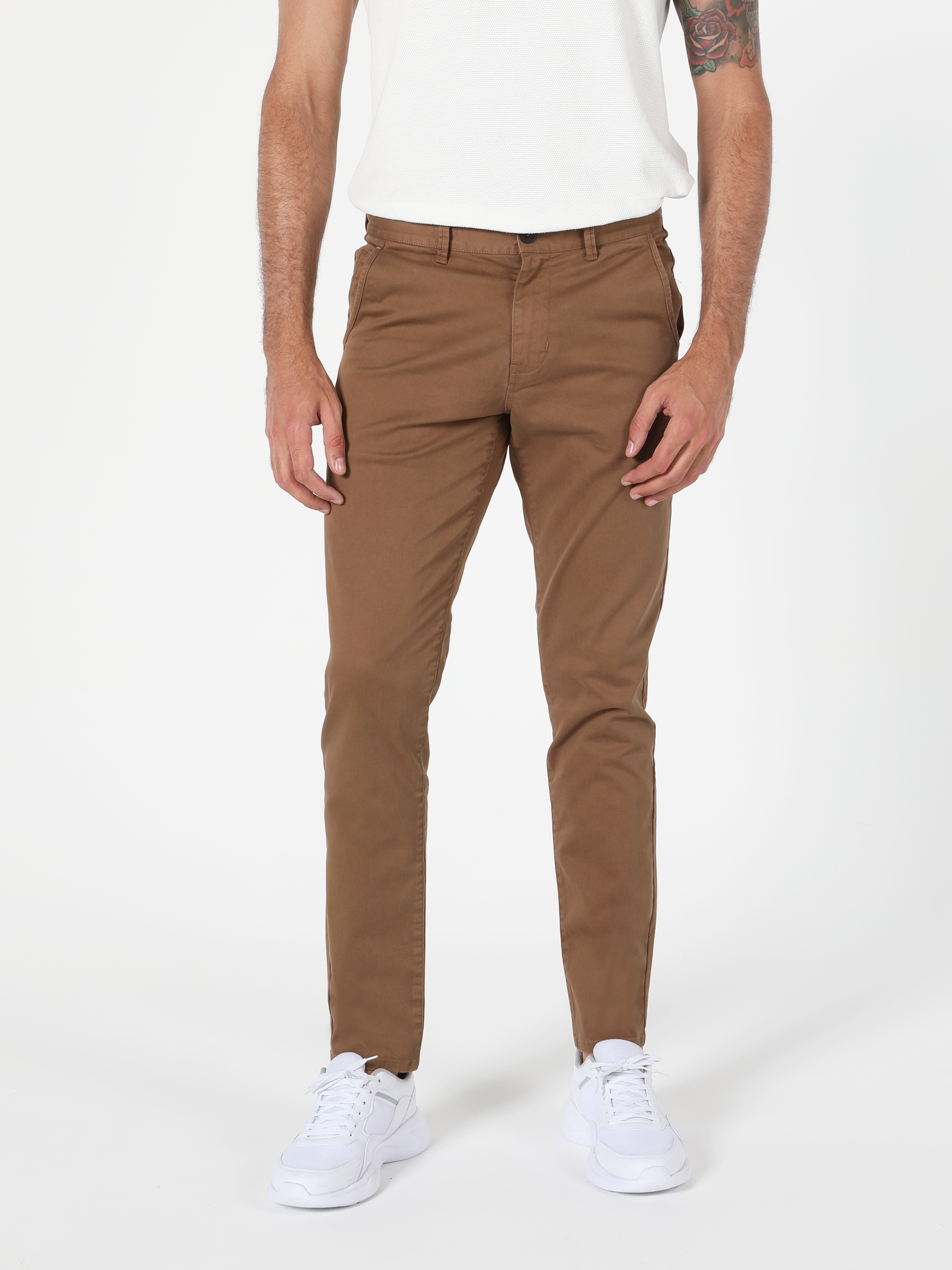 Slim Fit Orta Bel Düz Paça Erkek Kahverengi Pantolon