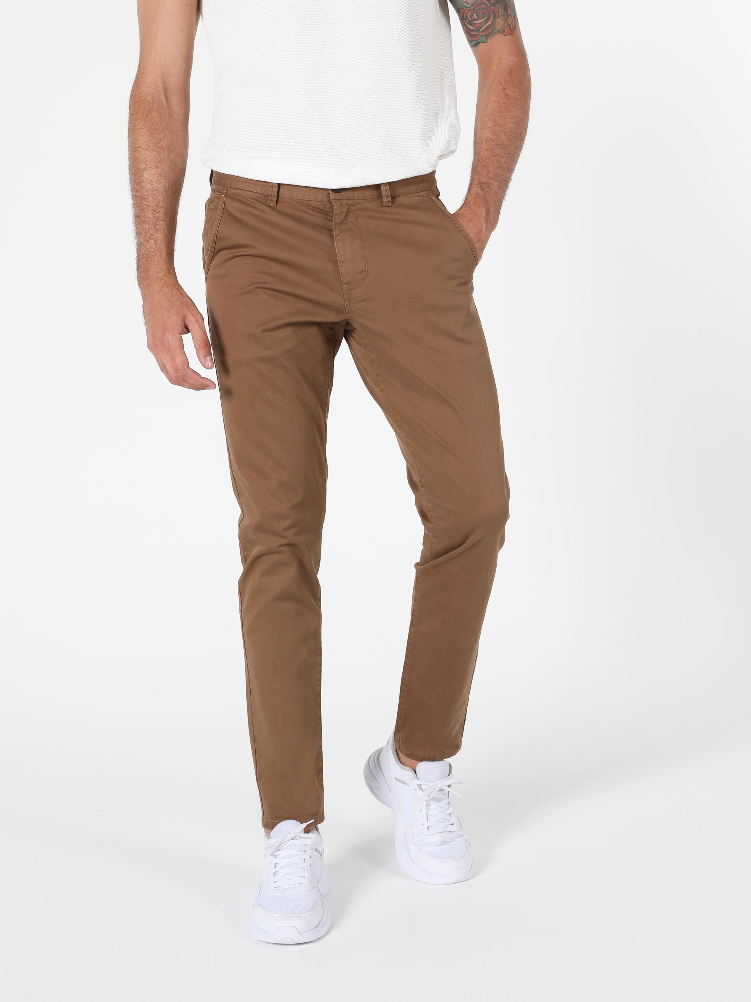 Slim Fit Orta Bel Düz Paça Erkek Kahverengi Pantolon