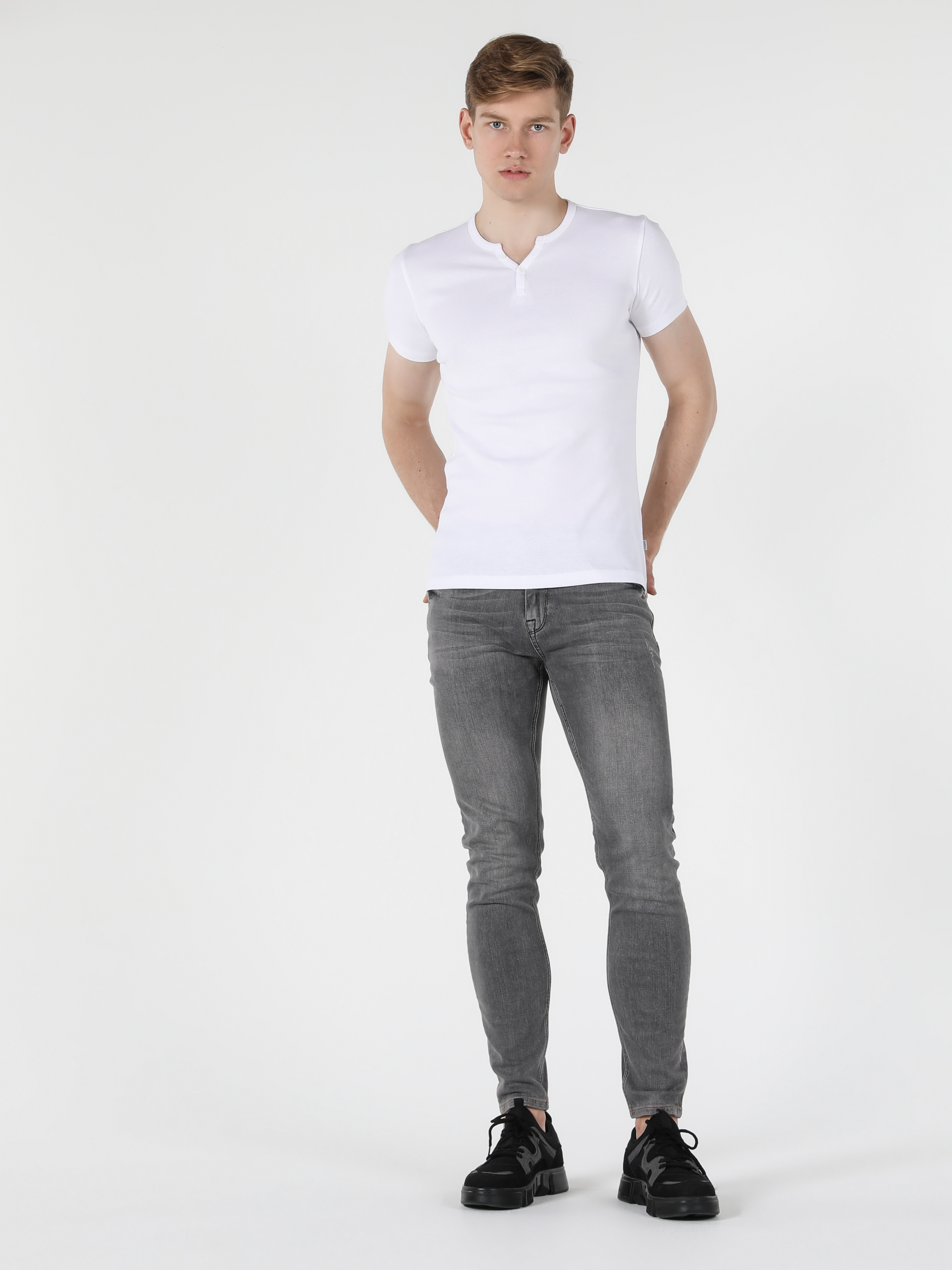 Colins Slim Fit Placket Neck Basic Beyaz Erkek Kısa Kol Tişört. 11