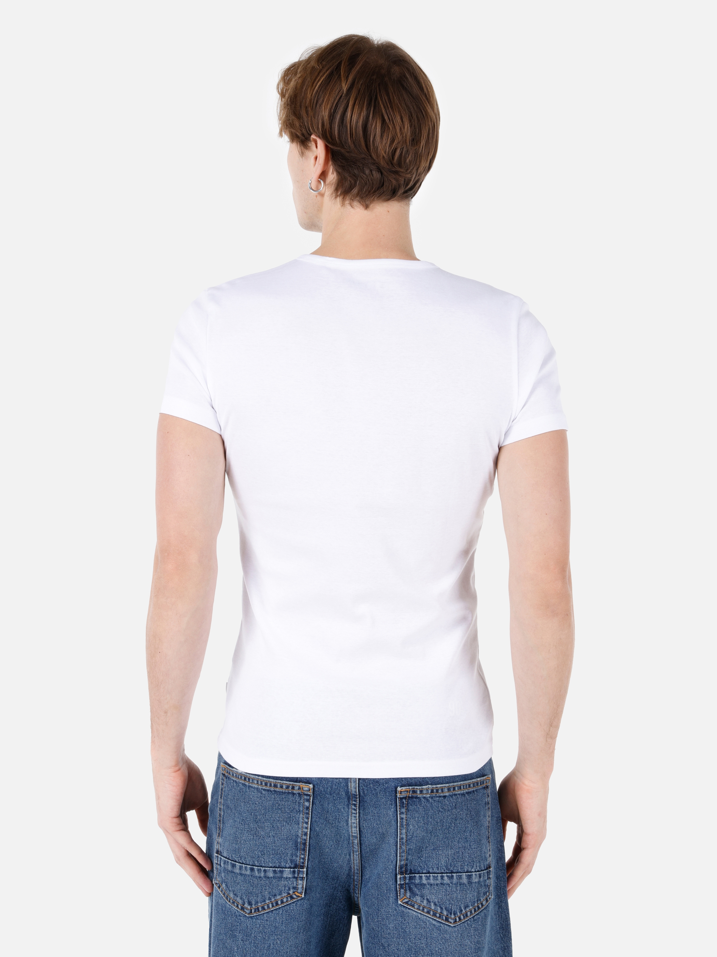 Slim Fit Placket Neck Örme Erkek Beyaz Kısa Kol Tişört