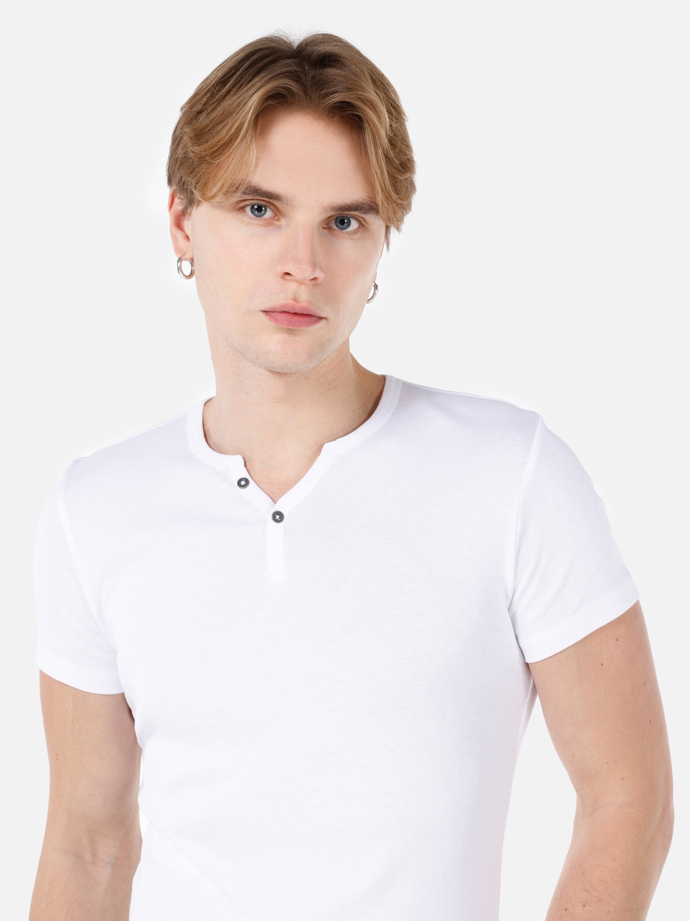 Slim Fit Placket Neck Örme Erkek Beyaz Kısa Kol Tişört