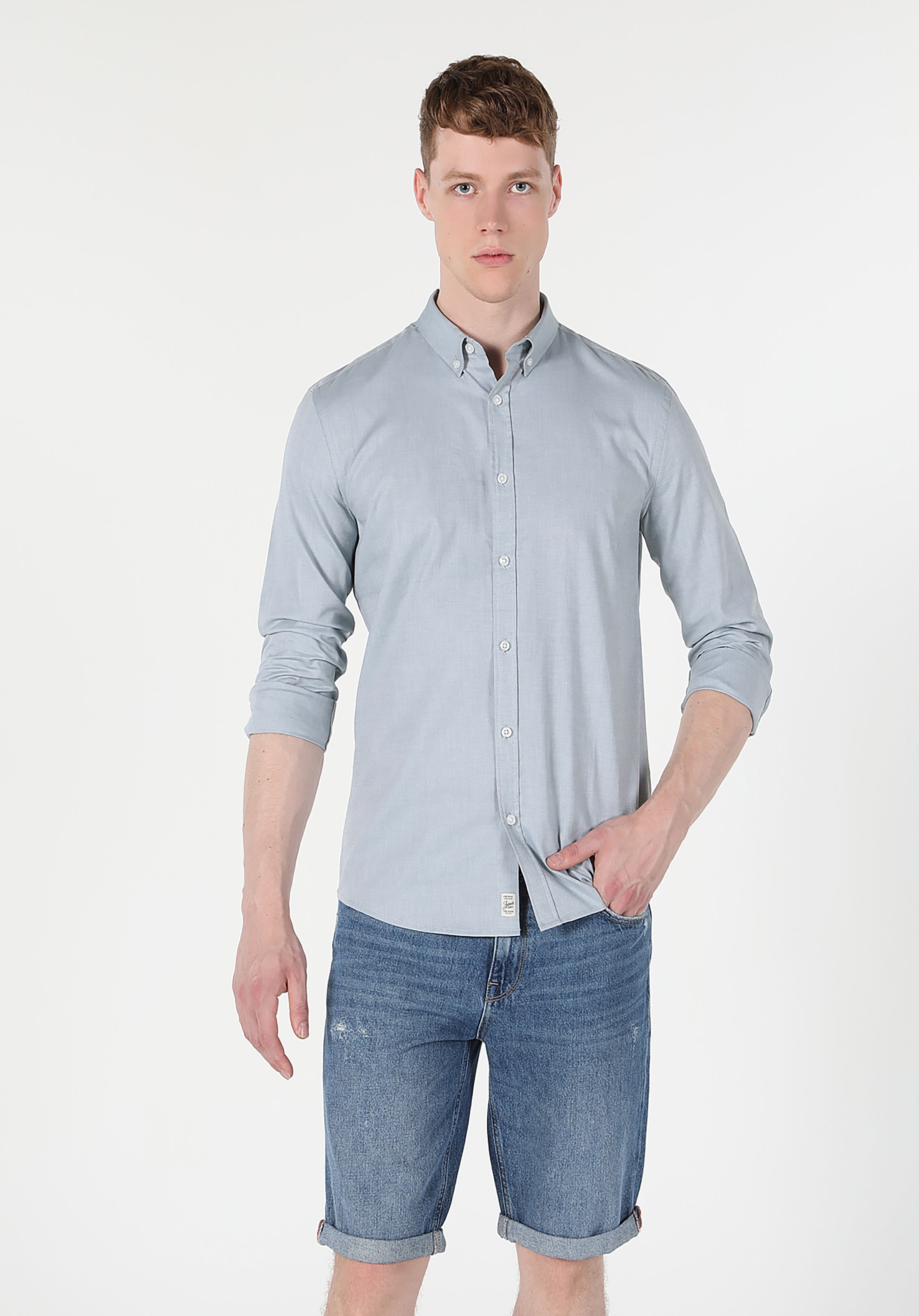 Slim Fit Shirt Neck Düz Erkek Yeşil Uzun Kol Gömlek Cl1048576