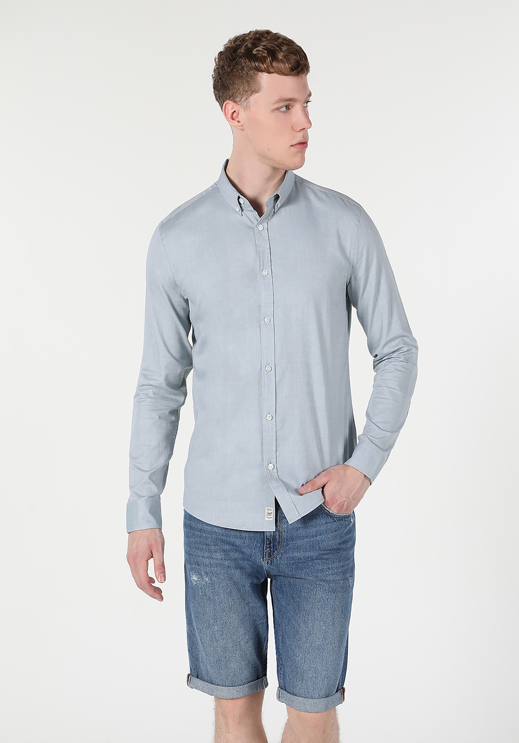 Slim Fit Shirt Neck Düz Erkek Yeşil Uzun Kol Gömlek Cl1048576