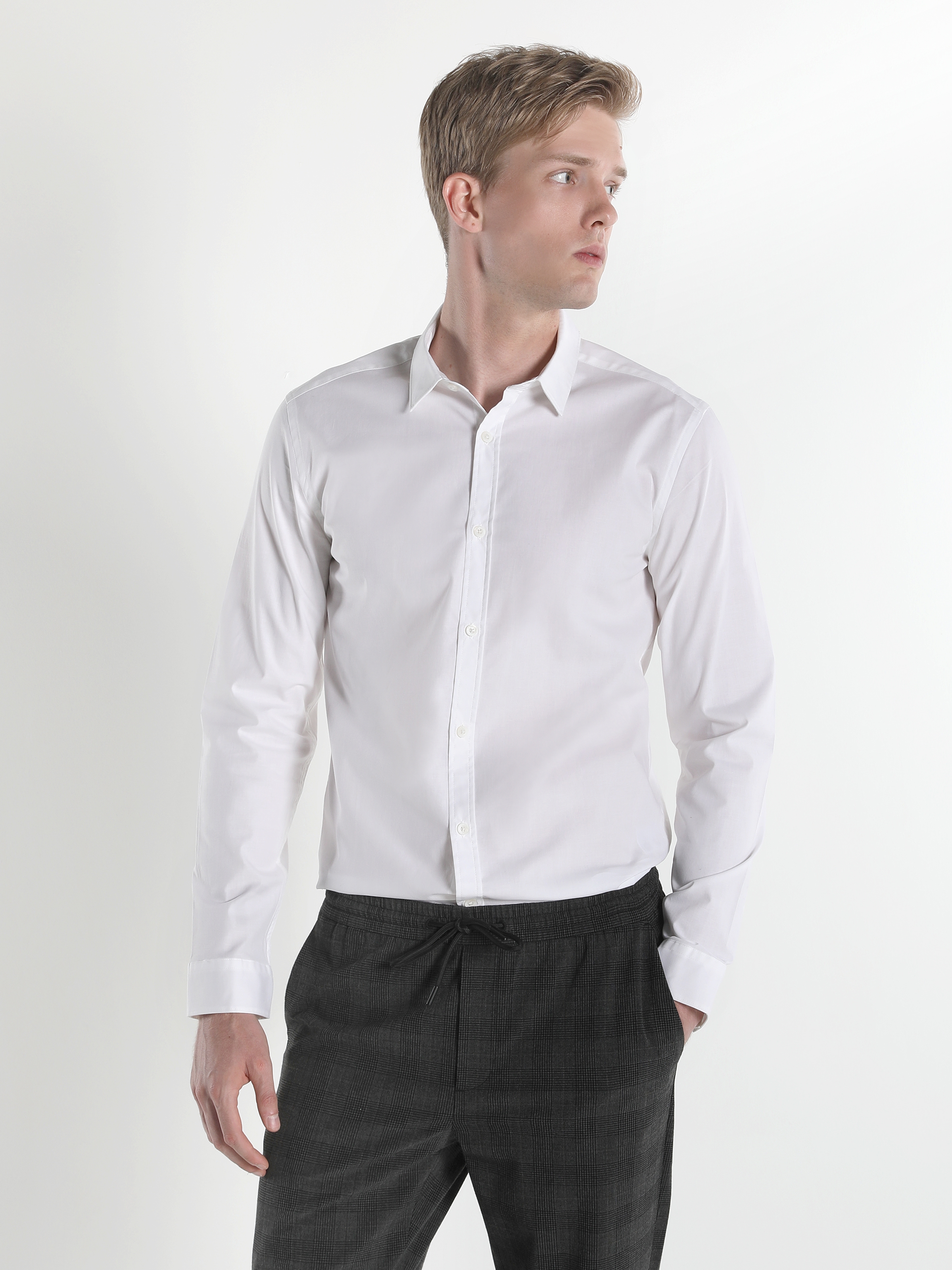 Super Slim Fit Shirt Neck Erkek Beyaz Uzun Kol Gömlek Cl1041350
