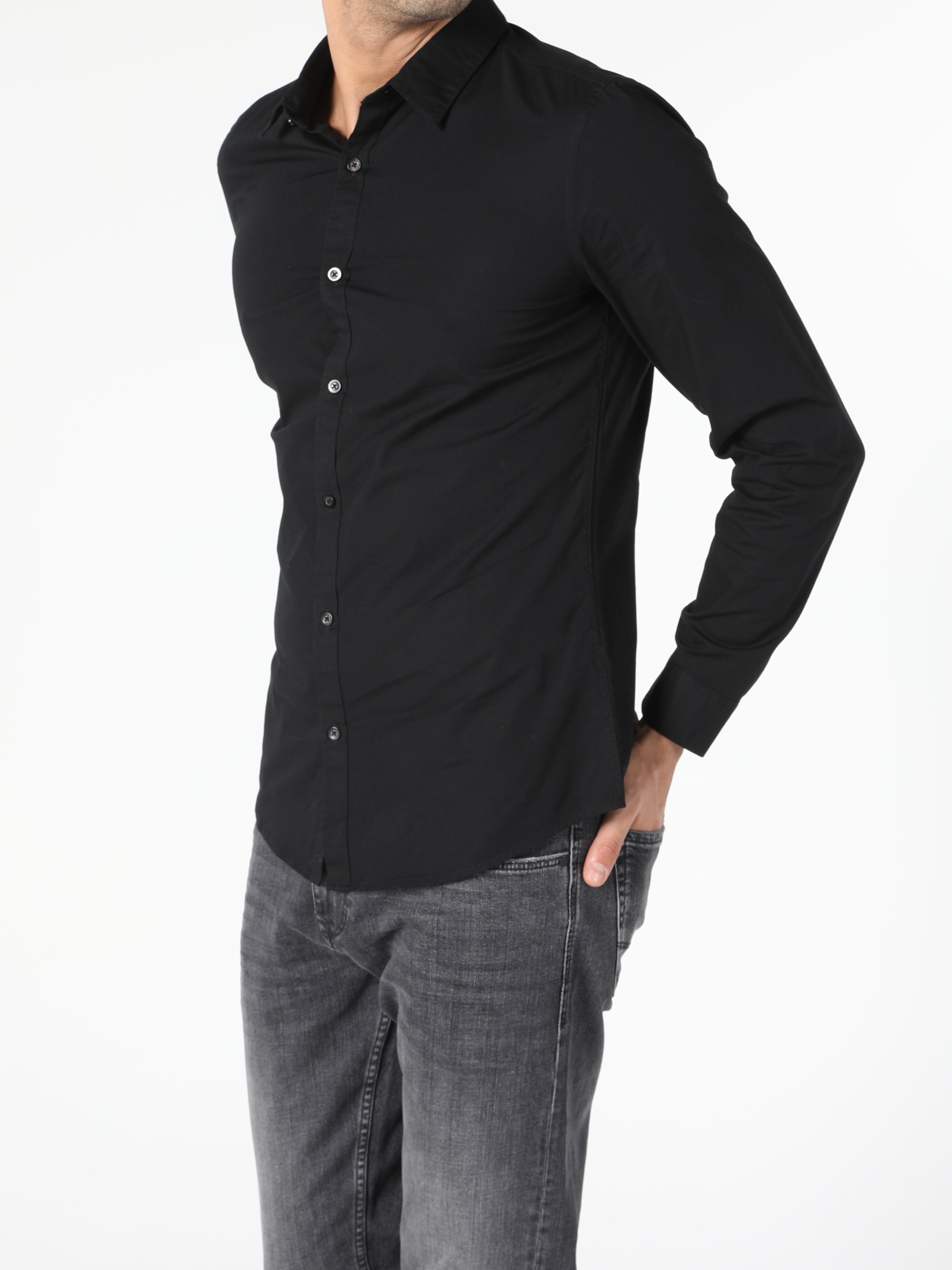 Super Slim Fit Shirt Neck Erkek Siyah Uzun Kol Gömlek Cl1041350