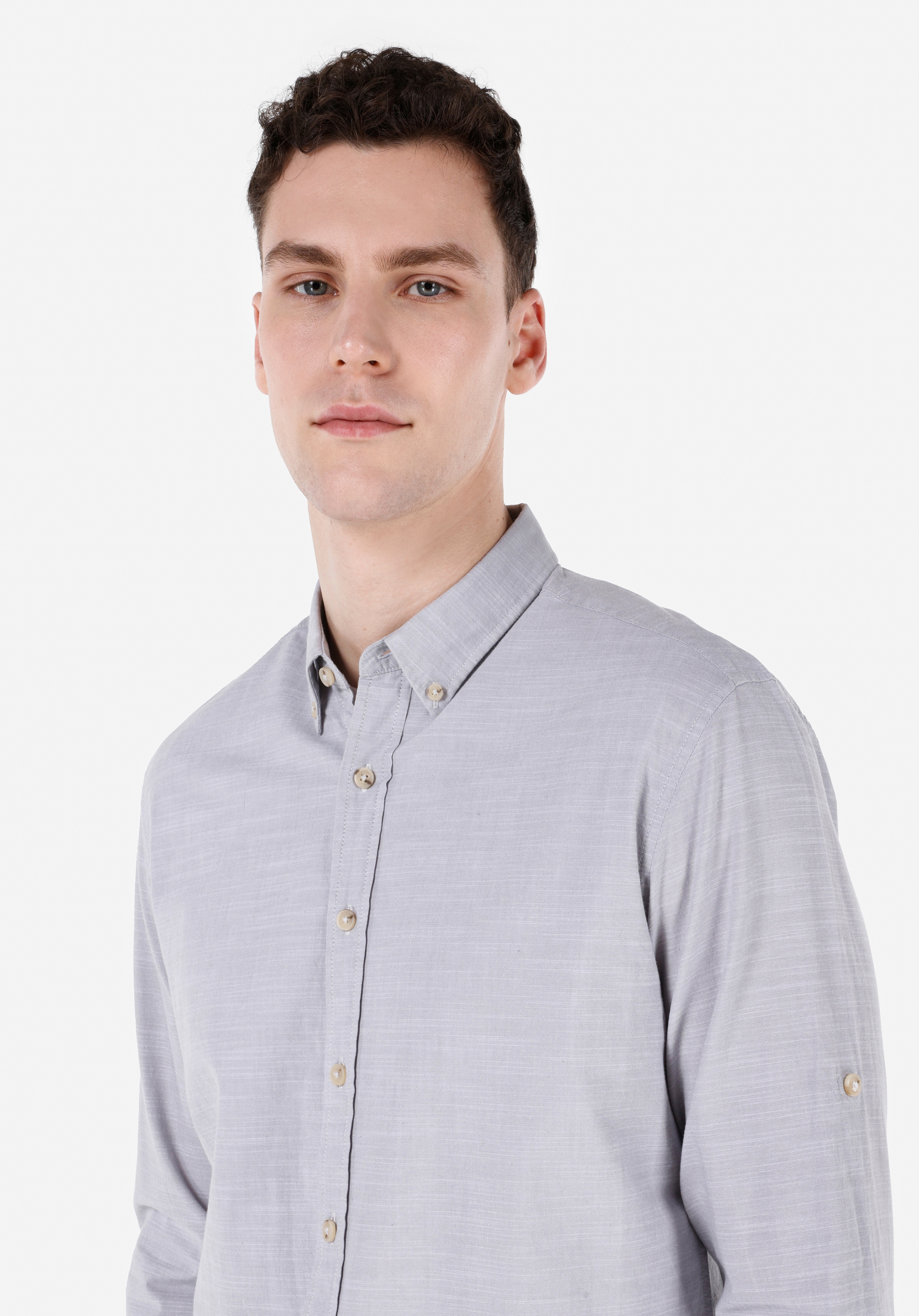 Regular Fit Shirt Neck Düz Erkek Taş Roll-up Gömlek Cl1058567