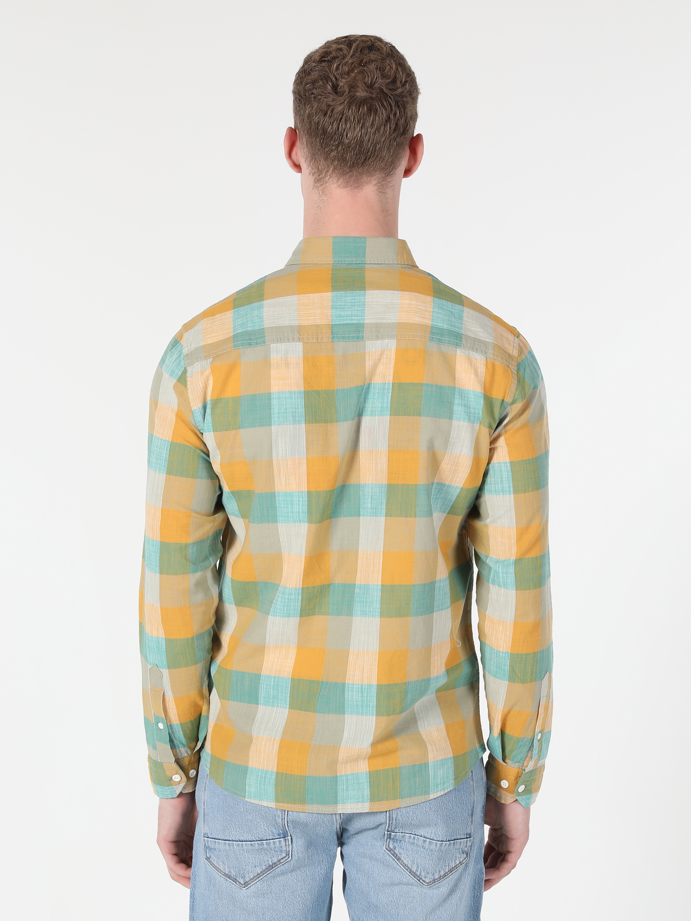 Slim Fit Shirt Neck Kareli Turkuaz Erkek Uzun Kol Gömlek Cl1059565