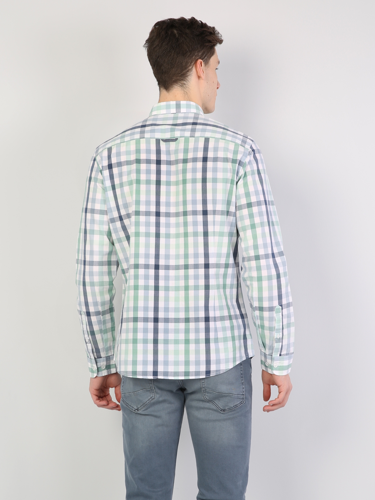  Slim Fit Shirt Neck Erkek Yeşil Uzun Kol Gömlek