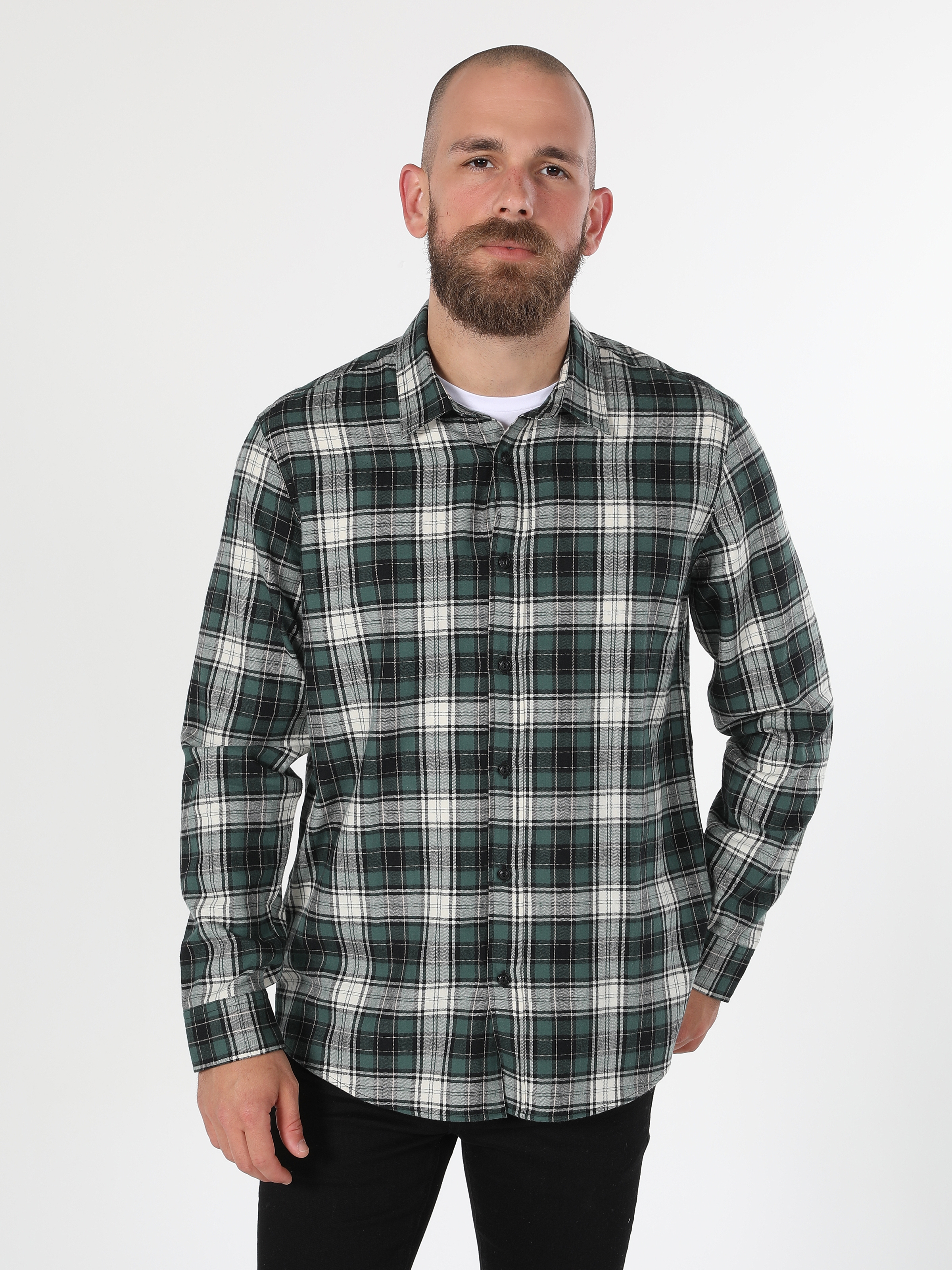 Regular Fit Shirt Neck Ekoseli Yeşil Erkek Uzun Kol Gömlek Cl1060567