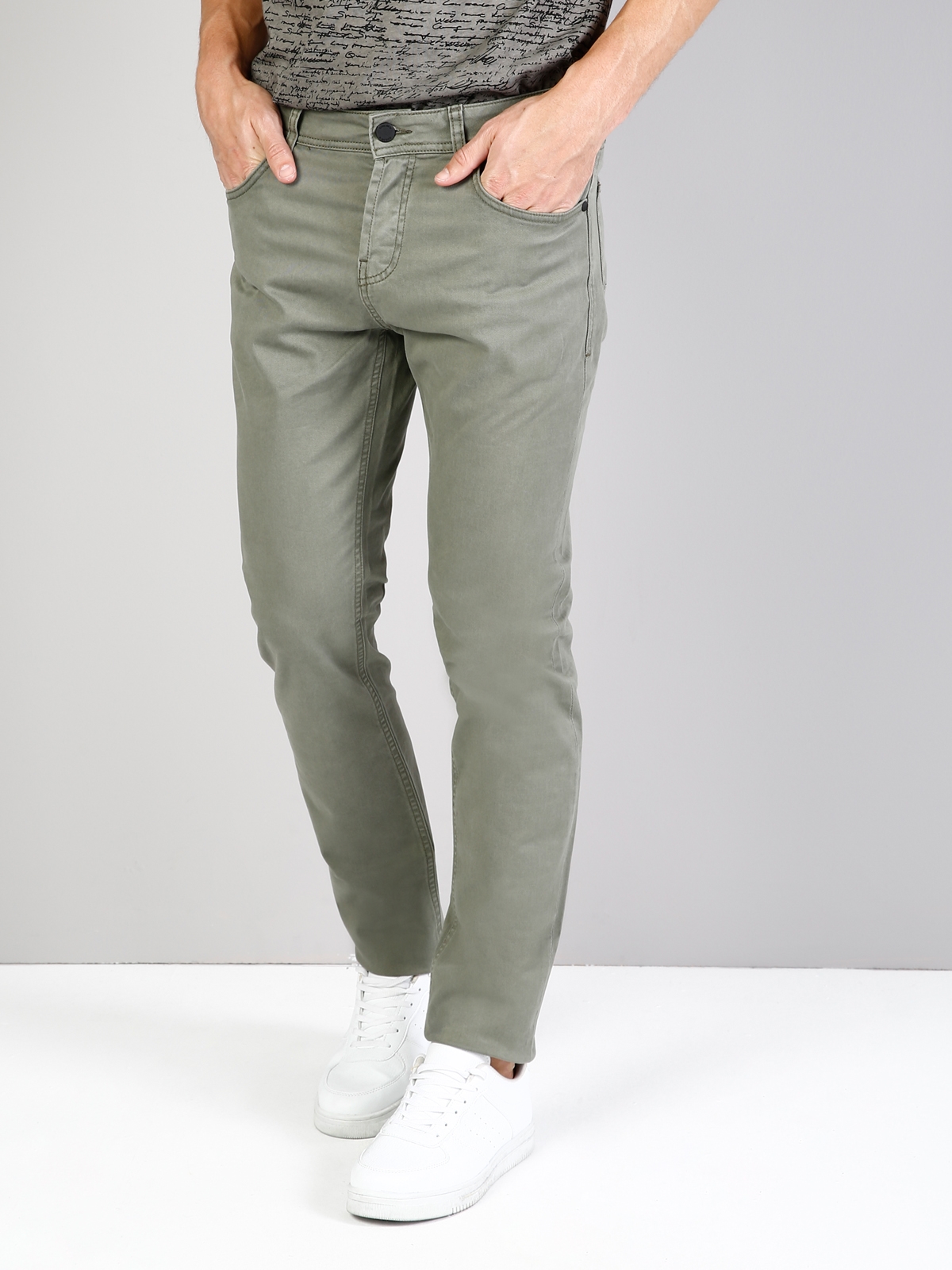 Straight Fit Orta Bel Düz Paça Erkek Yeşil Pantolon