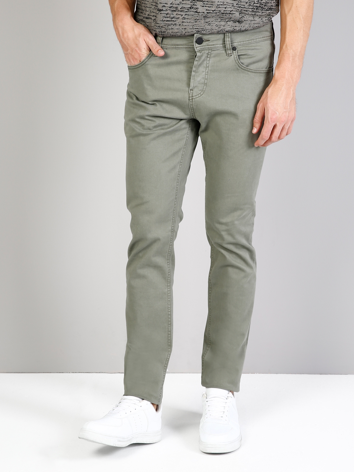 Straight Fit Orta Bel Düz Paça Erkek Yeşil Pantolon