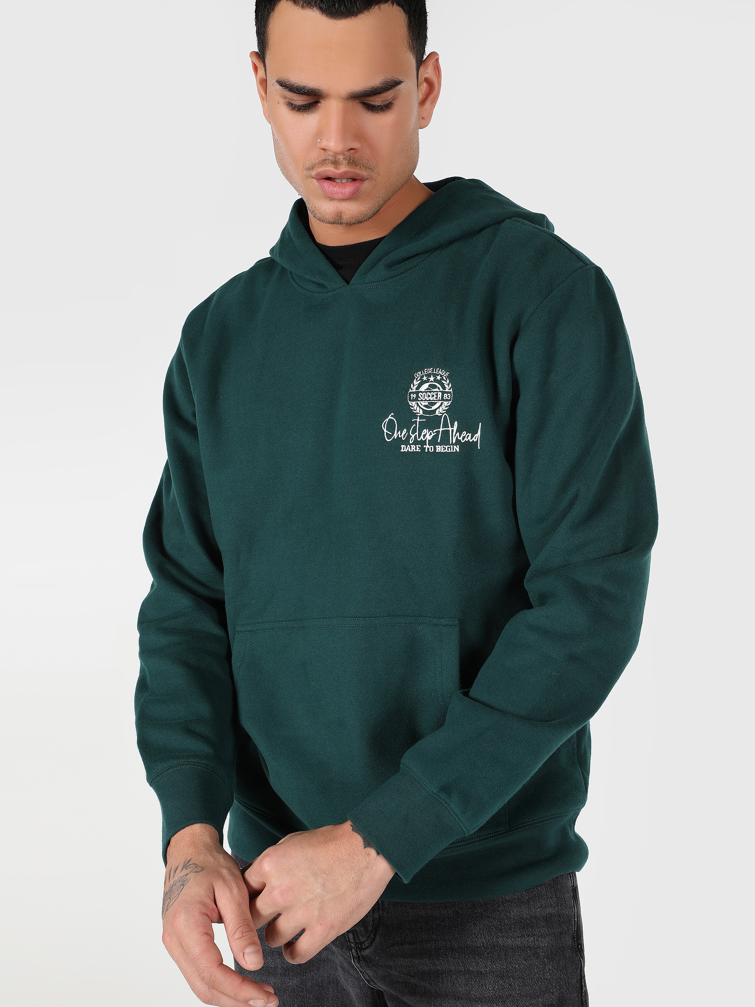 Regular Fit Baskılı Kapüşonlu Yeşil Erkek Sweatshirt Cl1061754