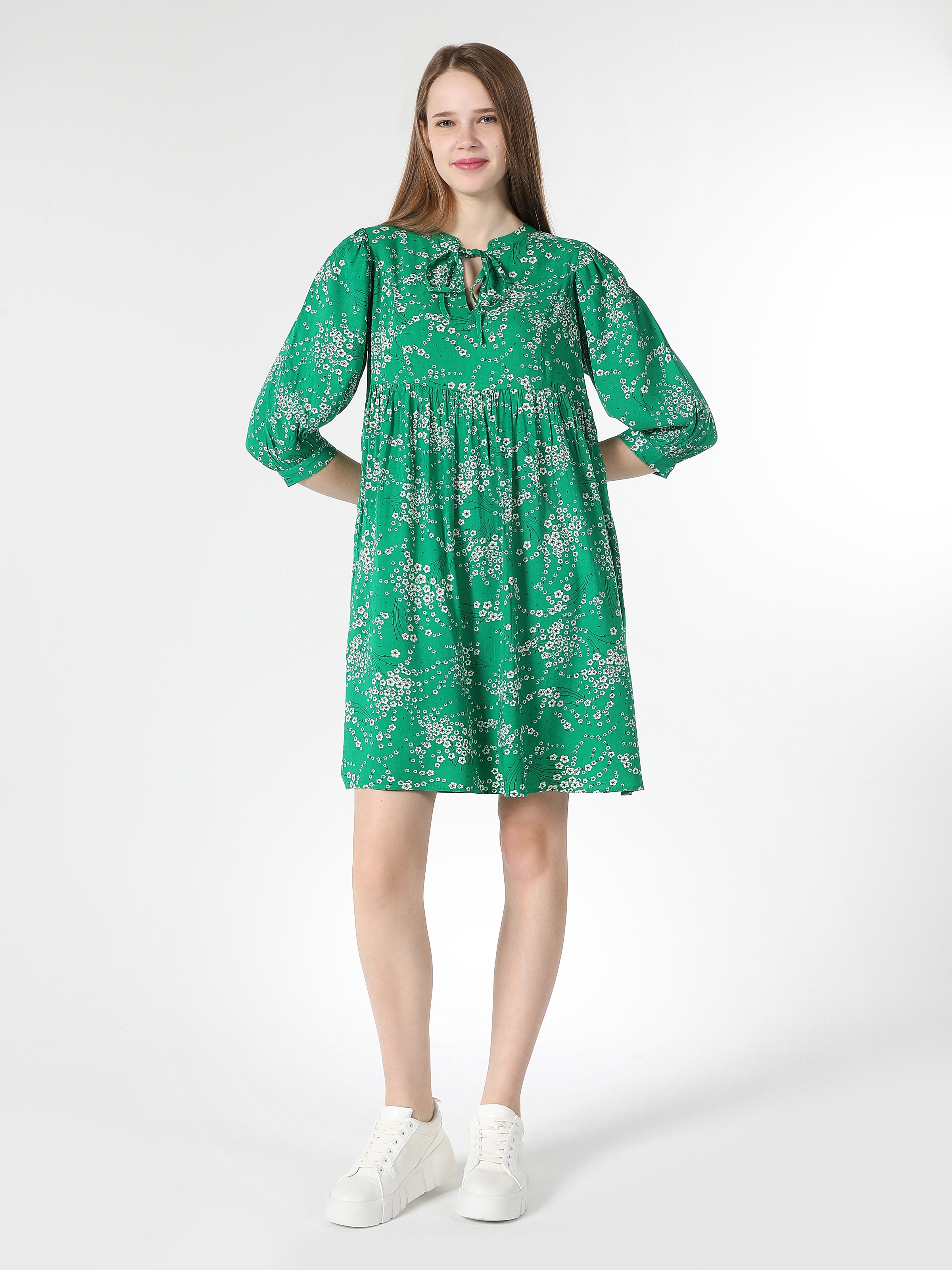 Colins Regular Fit Çiçek Baskılı Yeşil Kadın Elbise. 3