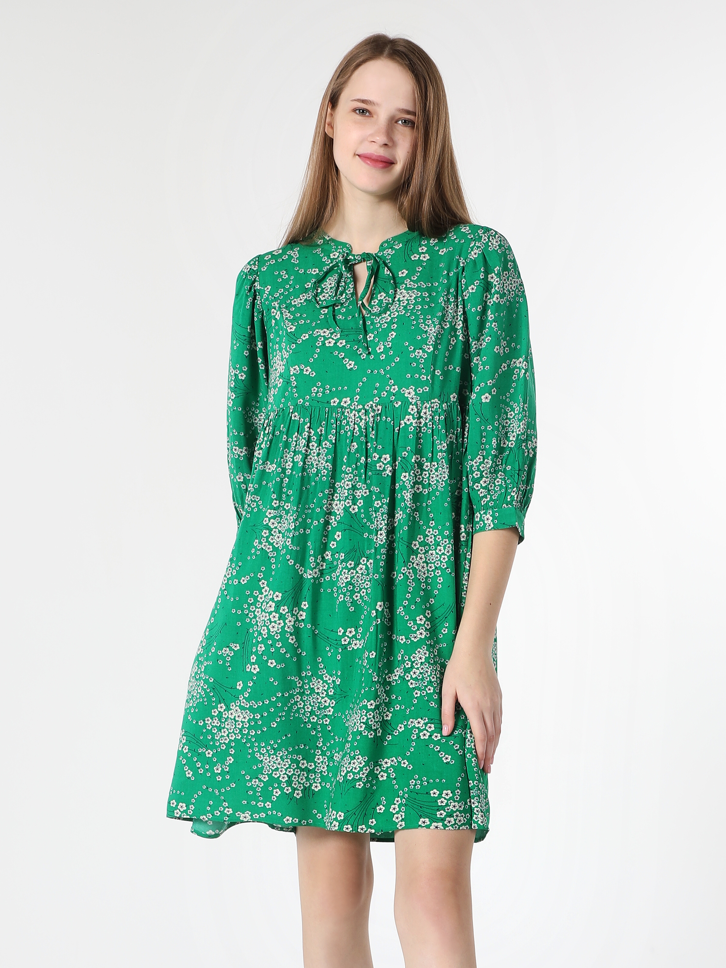 Colins Regular Fit Çiçek Baskılı Yeşil Kadın Elbise. 4