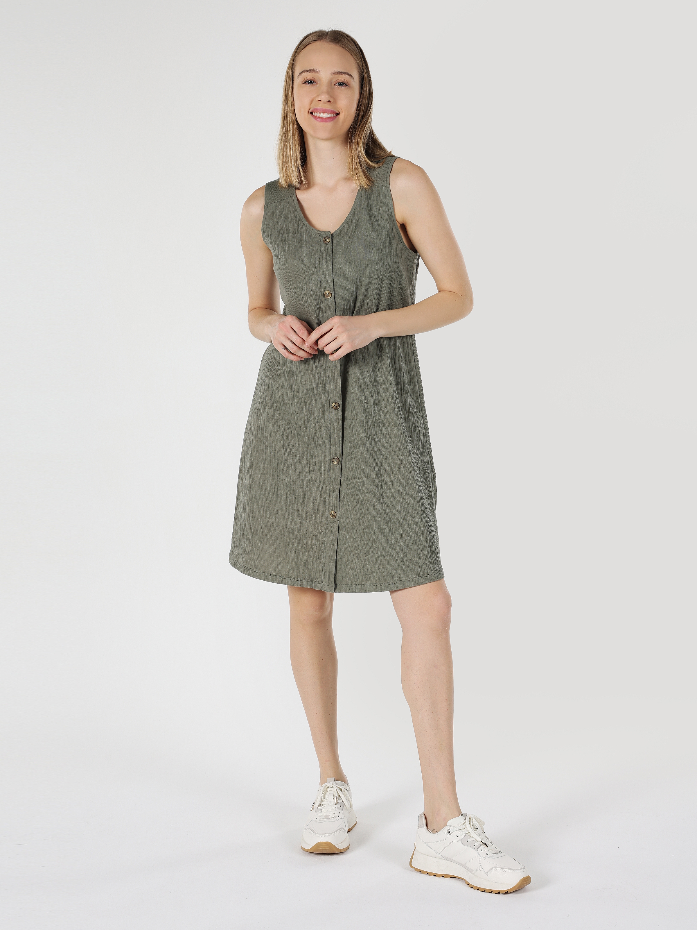 Regular Fit Düğmeli Yeşil Kadın Elbise Cl1063788