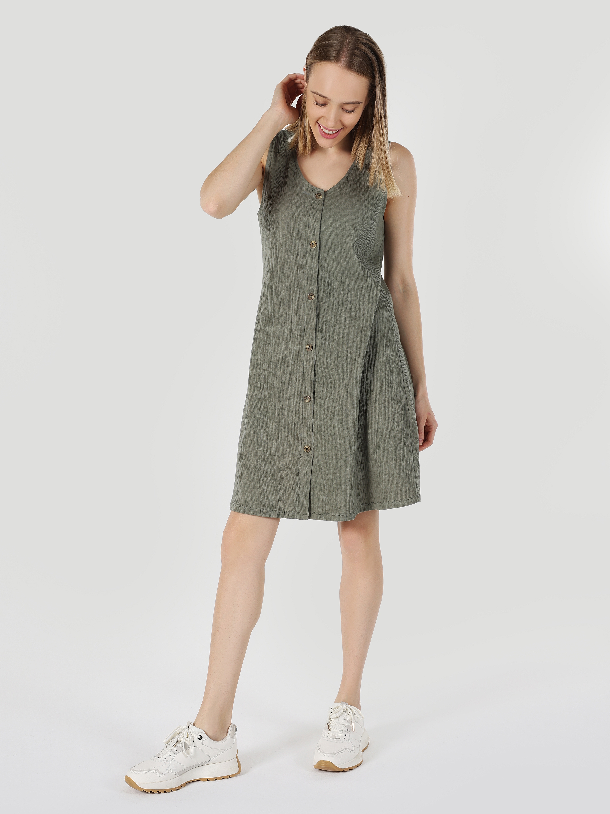 Regular Fit Düğmeli Yeşil Kadın Elbise Cl1063788