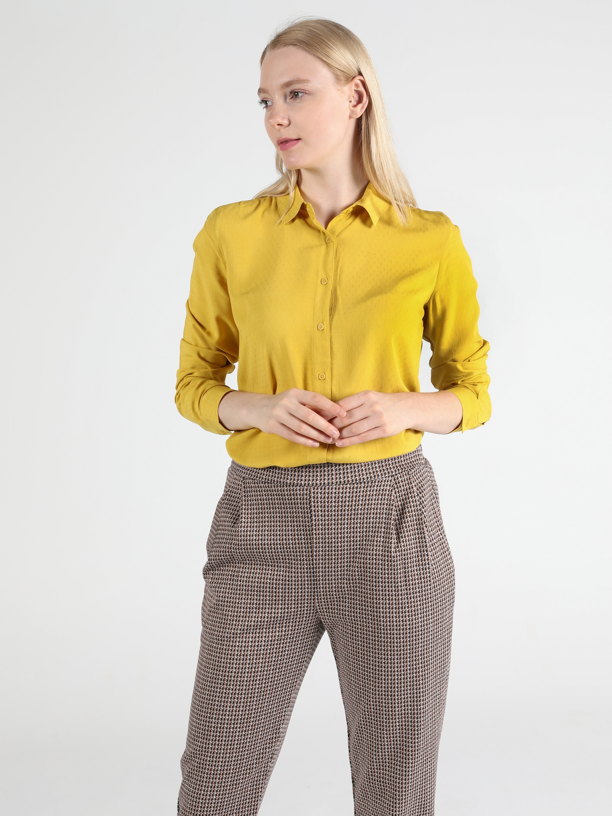 Basic Slim Fit Sarı Kadın Uzun Kol Gömlek