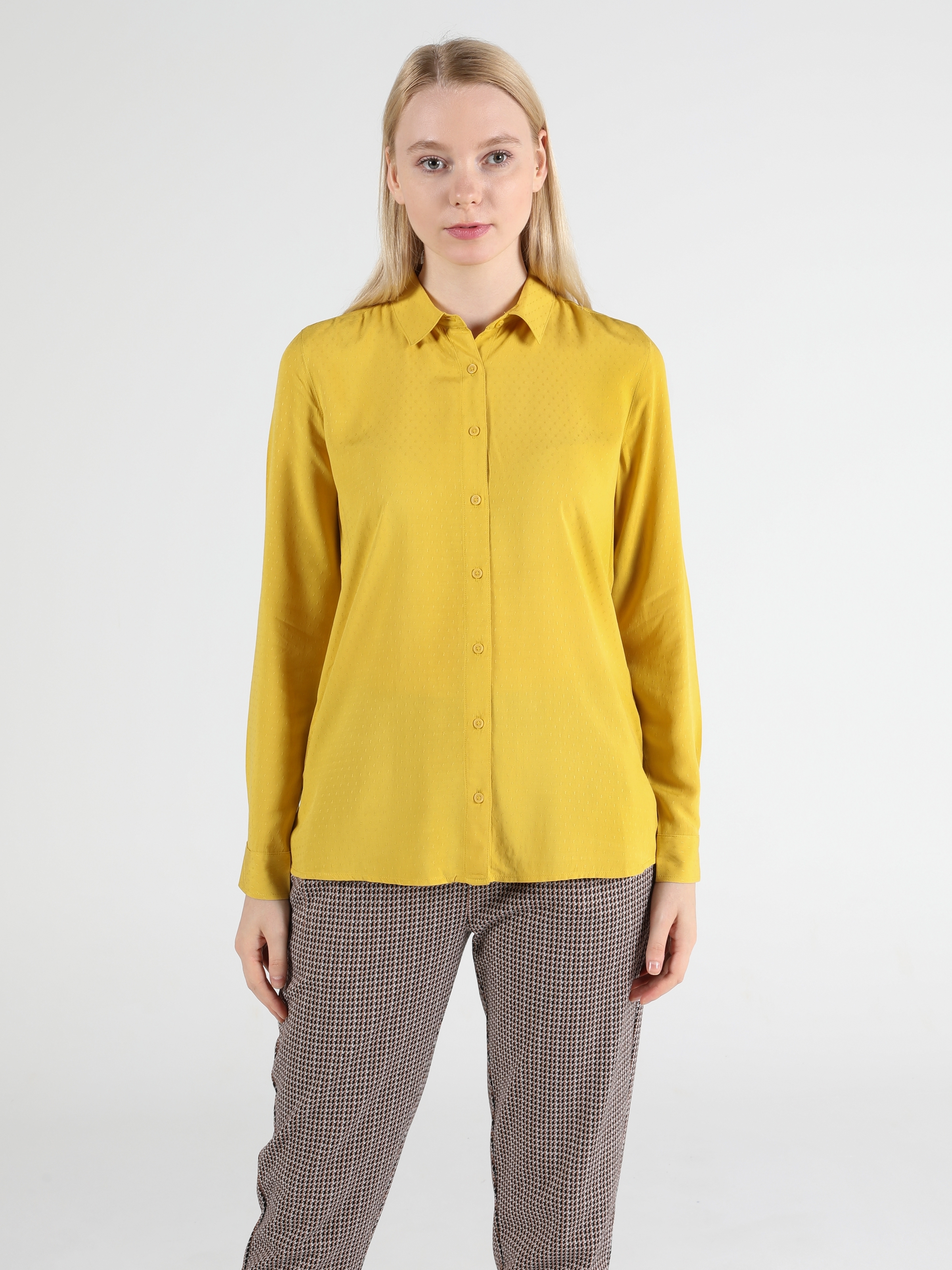 Basic Slim Fit Sarı Kadın Uzun Kol Gömlek