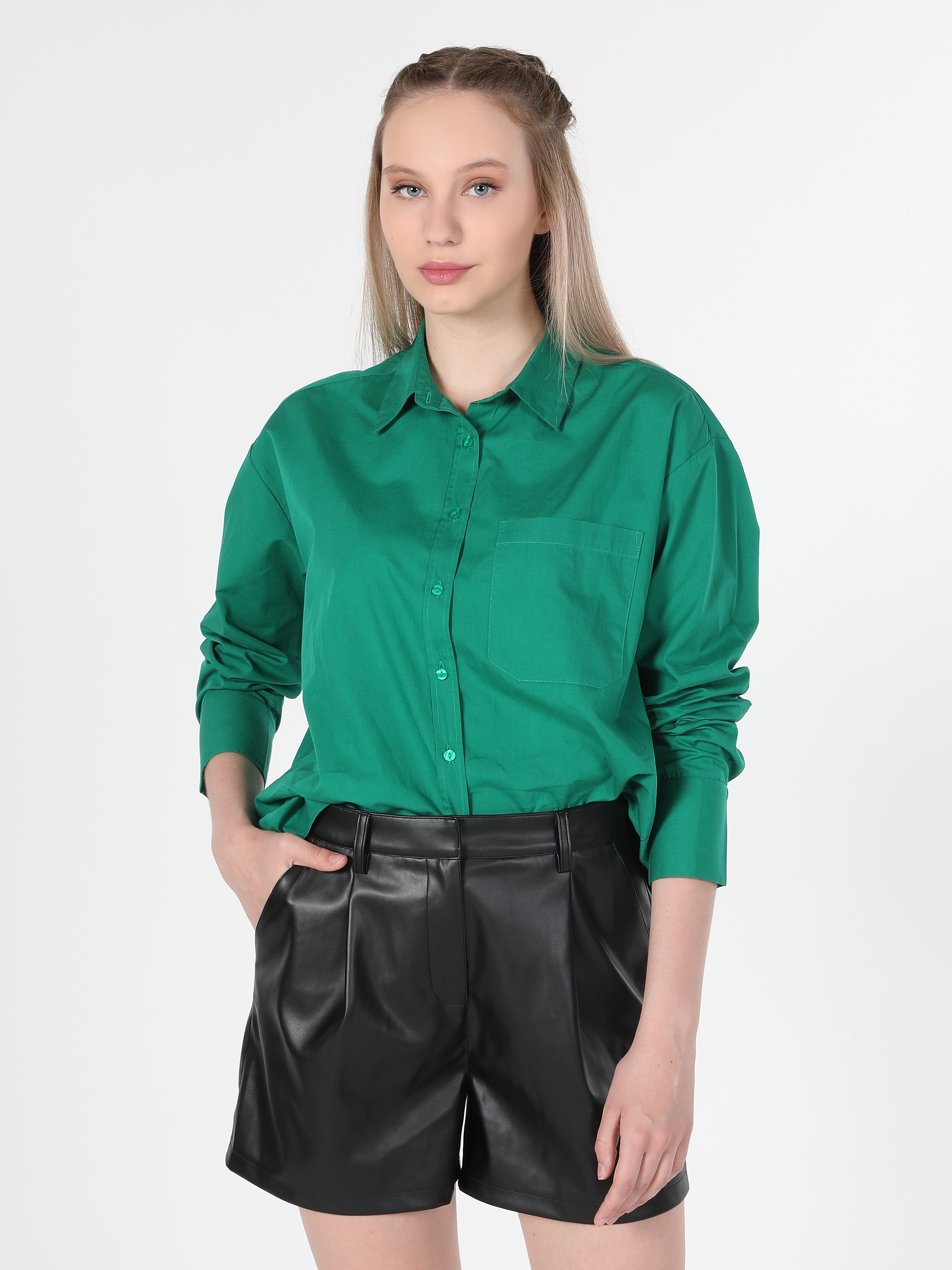 Regular Fit Yeşil Kadın Uzun Kol Gömlek Cl1060141