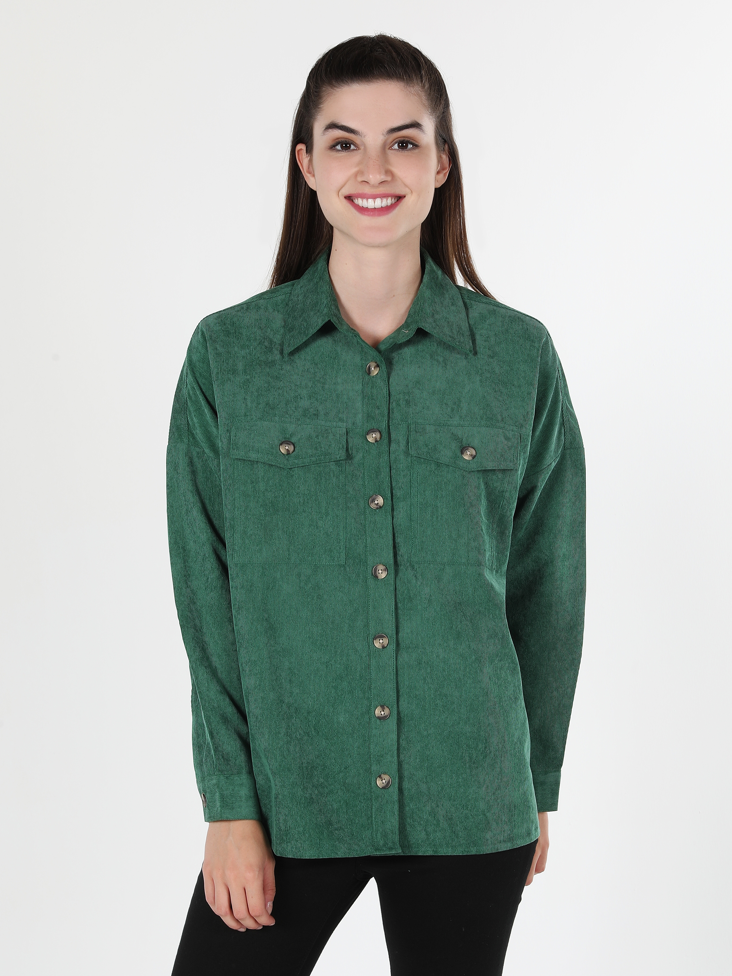 Regular Fit Fitilli Yeşil Kadın Uzun Kol Gömlek Cl1061040