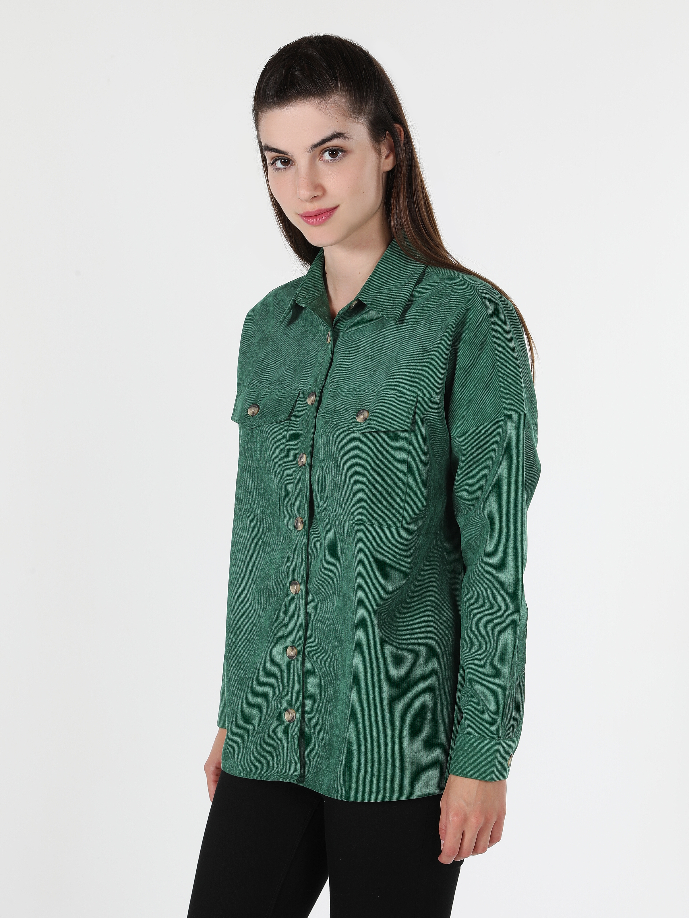 Regular Fit Fitilli Yeşil Kadın Uzun Kol Gömlek Cl1061040