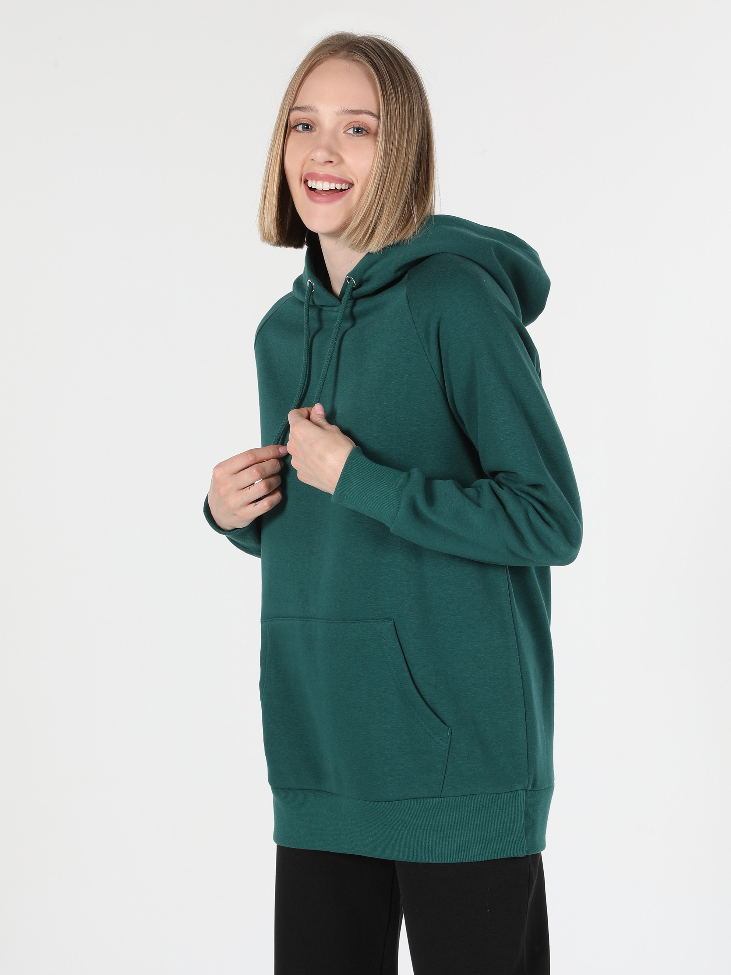 Regular Fit Kapüşonlu Yeşil Kadın Sweatshirt