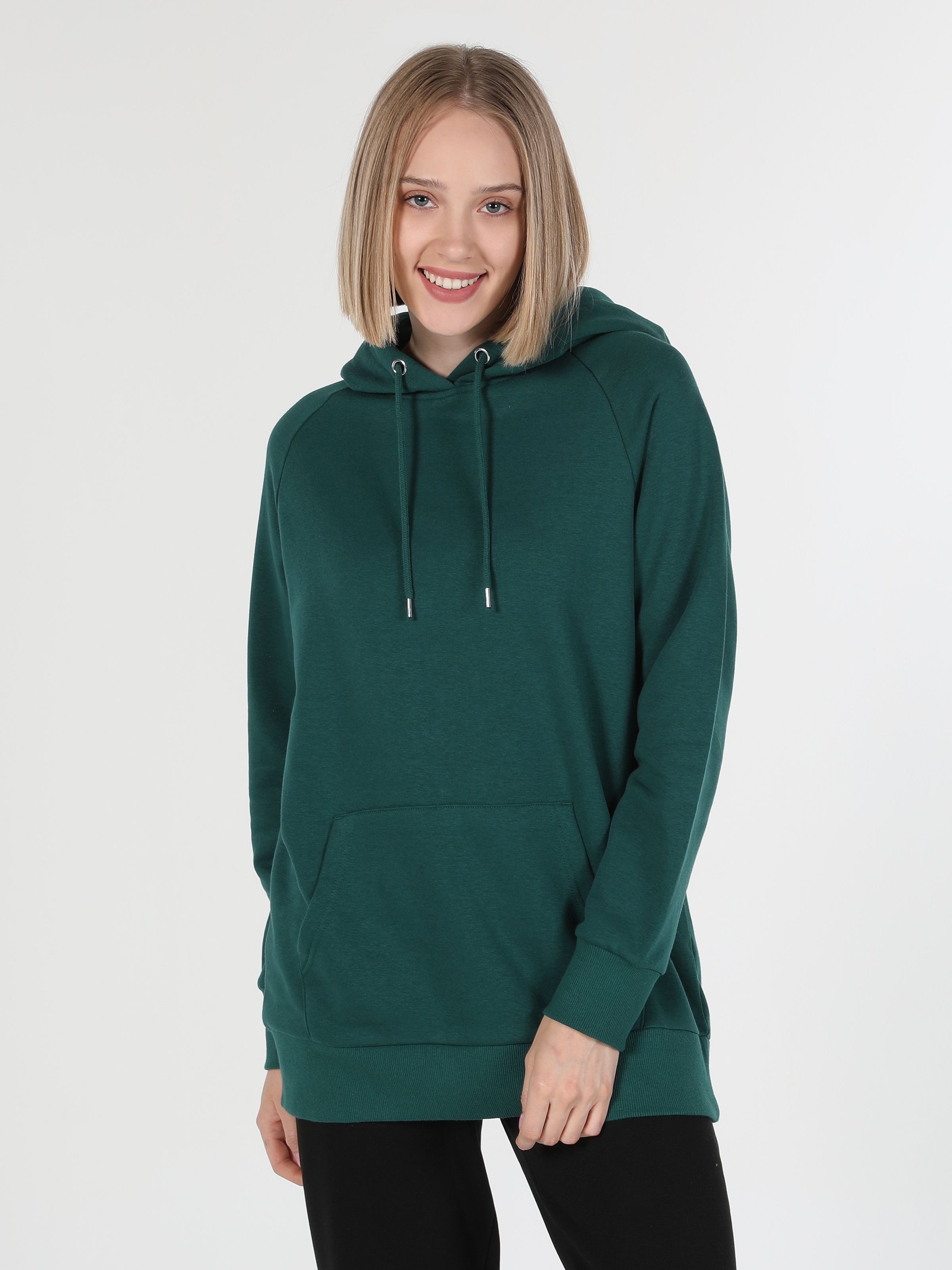 Regular Fit Kapüşonlu Yeşil Kadın Sweatshirt