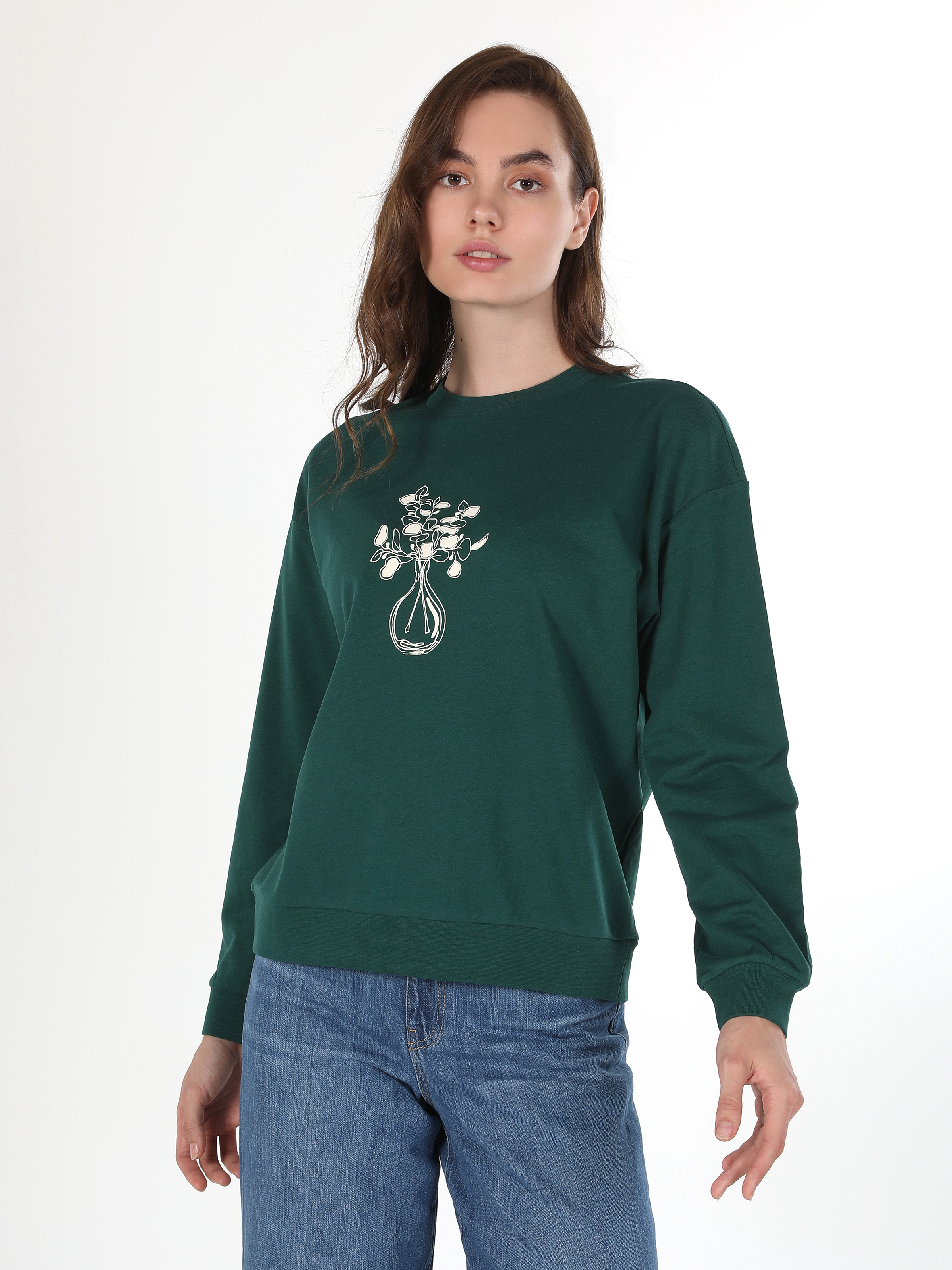 Regular Fit Baskılı Yeşil Kadın Sweatshirt